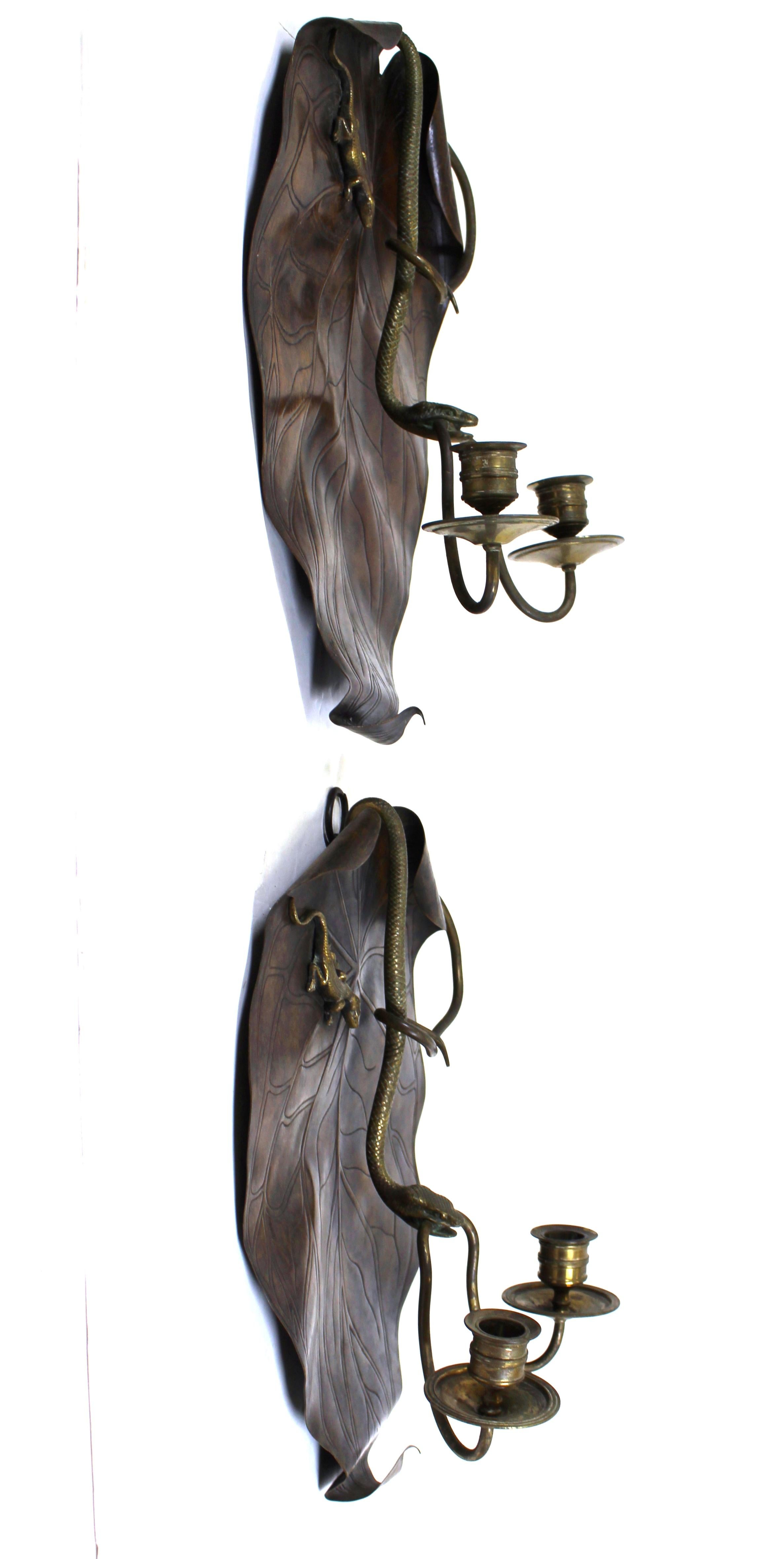 French Aesthetic Style Bronze & Copper Snake & Salamander Candle Sconces For Sale 2