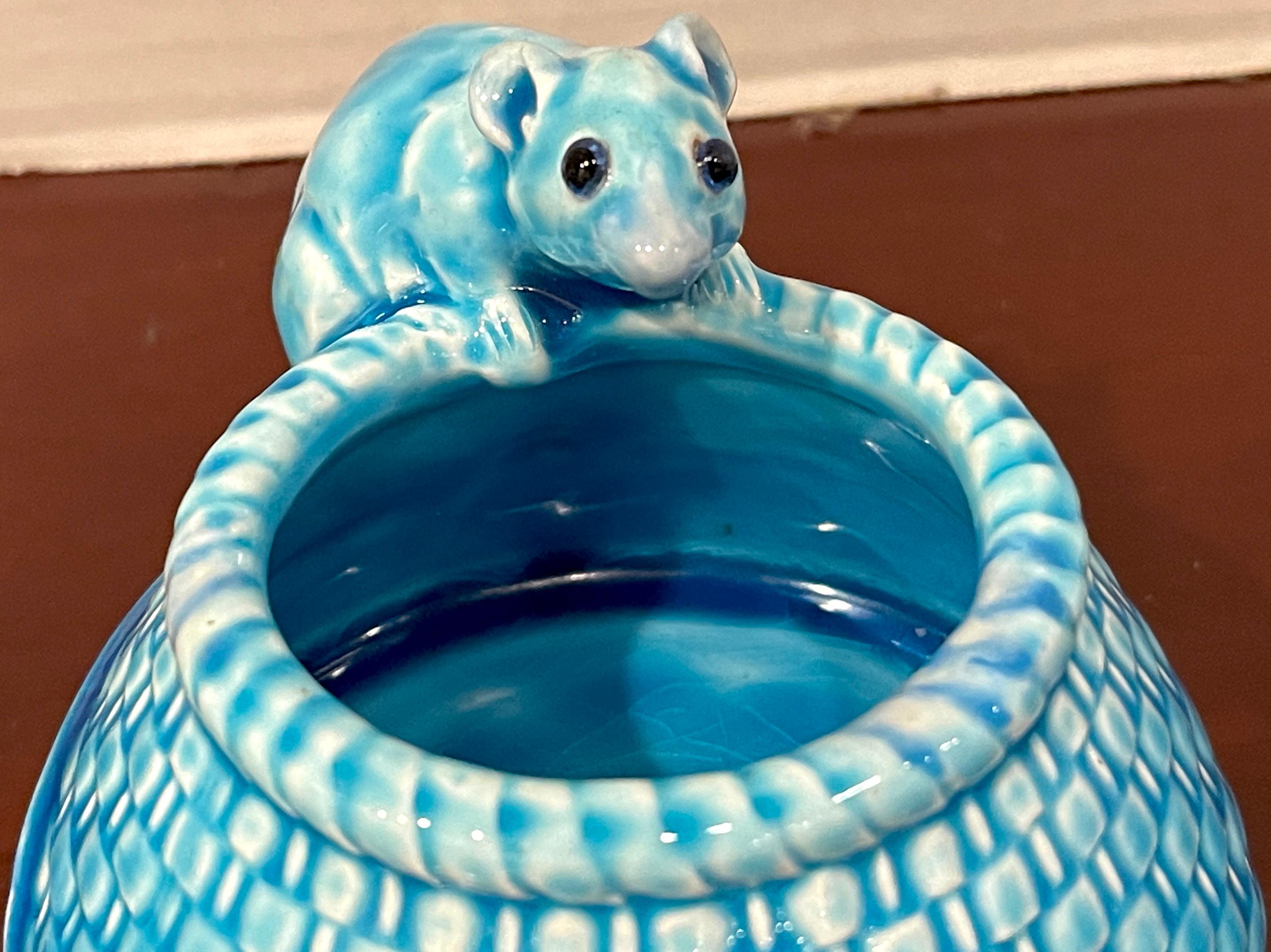 Enameled French Aesthetic Turquoise Glazed Figural Mouse Vase For Sale