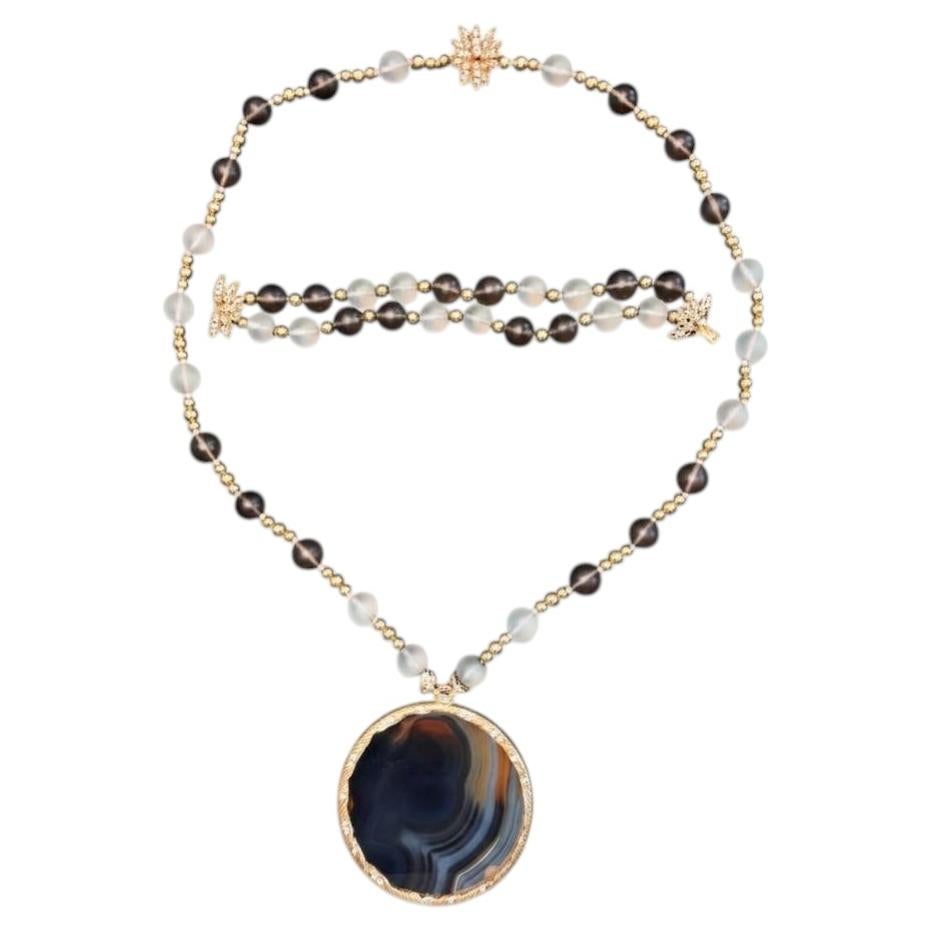 French Agate, Quartz, Diamond and Gold Demi-Parure