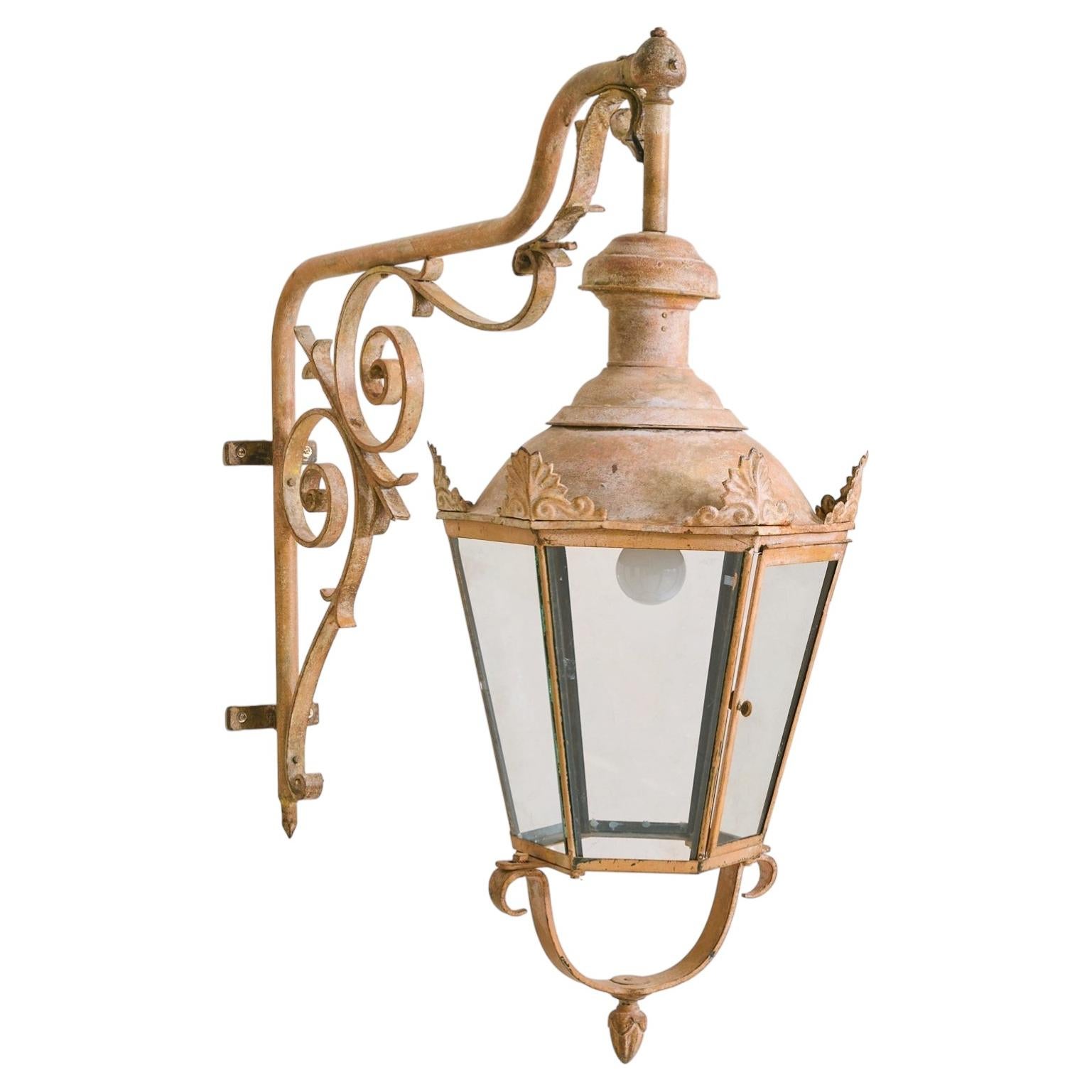 French Aged Metal Lantern Sconce, 1950s - 2 Available