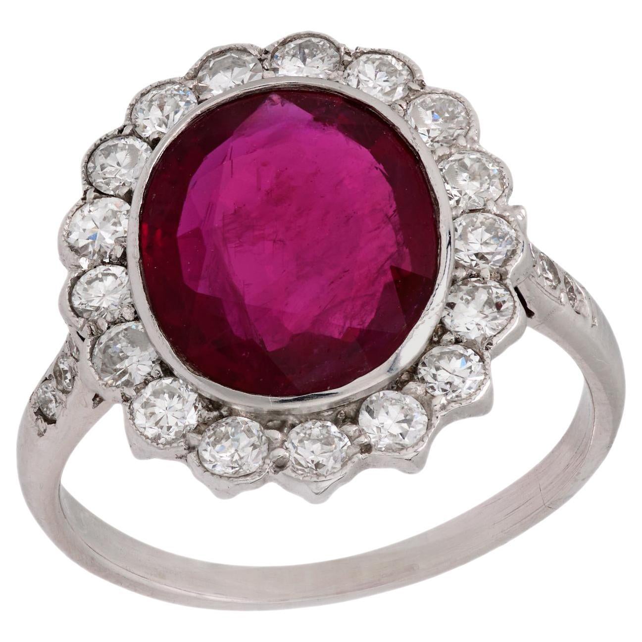 French AGL 2.60 carat ruby diamond platinum 18k white gold cluster ring