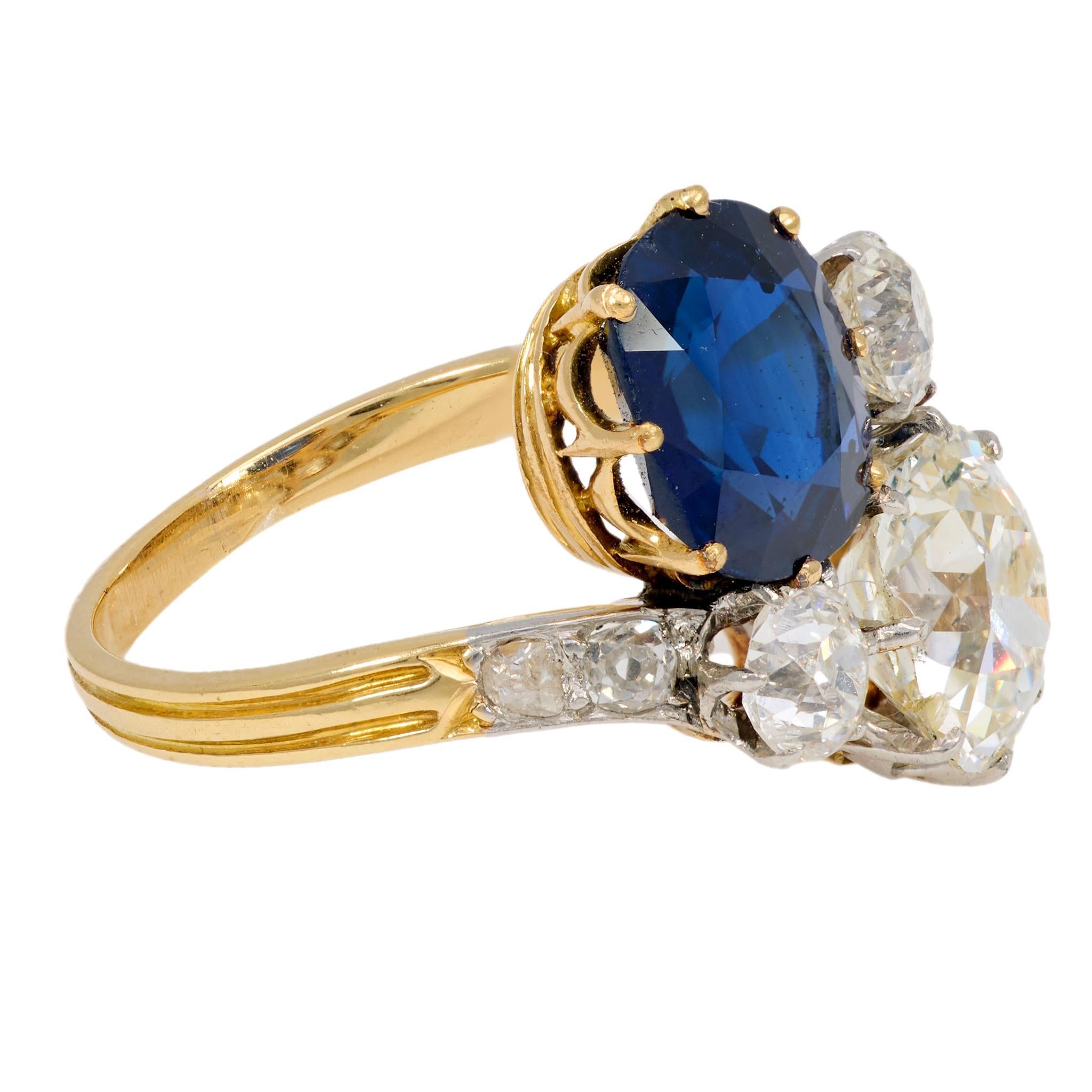 French AGL 3.42 carat no heat sapphire diamond 18k yellow gold toi et moi ring Victoriano en venta
