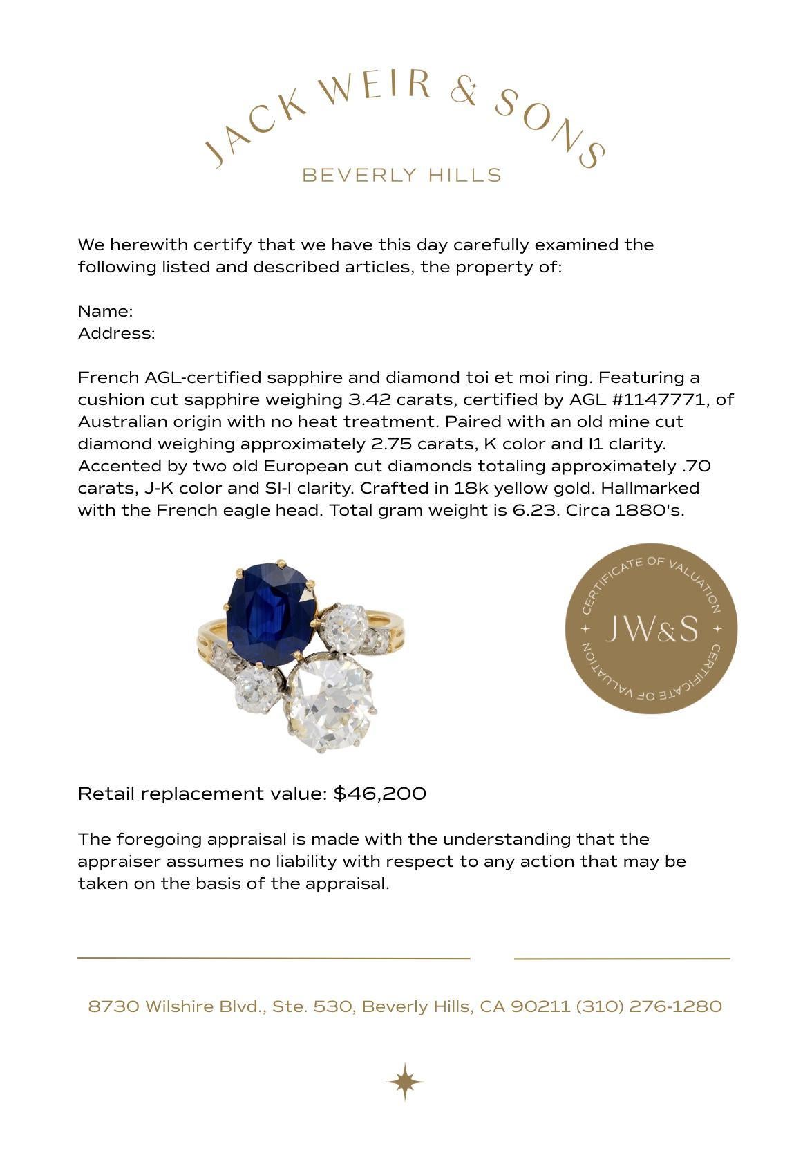 De las mujeres French AGL 3.42 carat no heat sapphire diamond 18k yellow gold toi et moi ring en venta