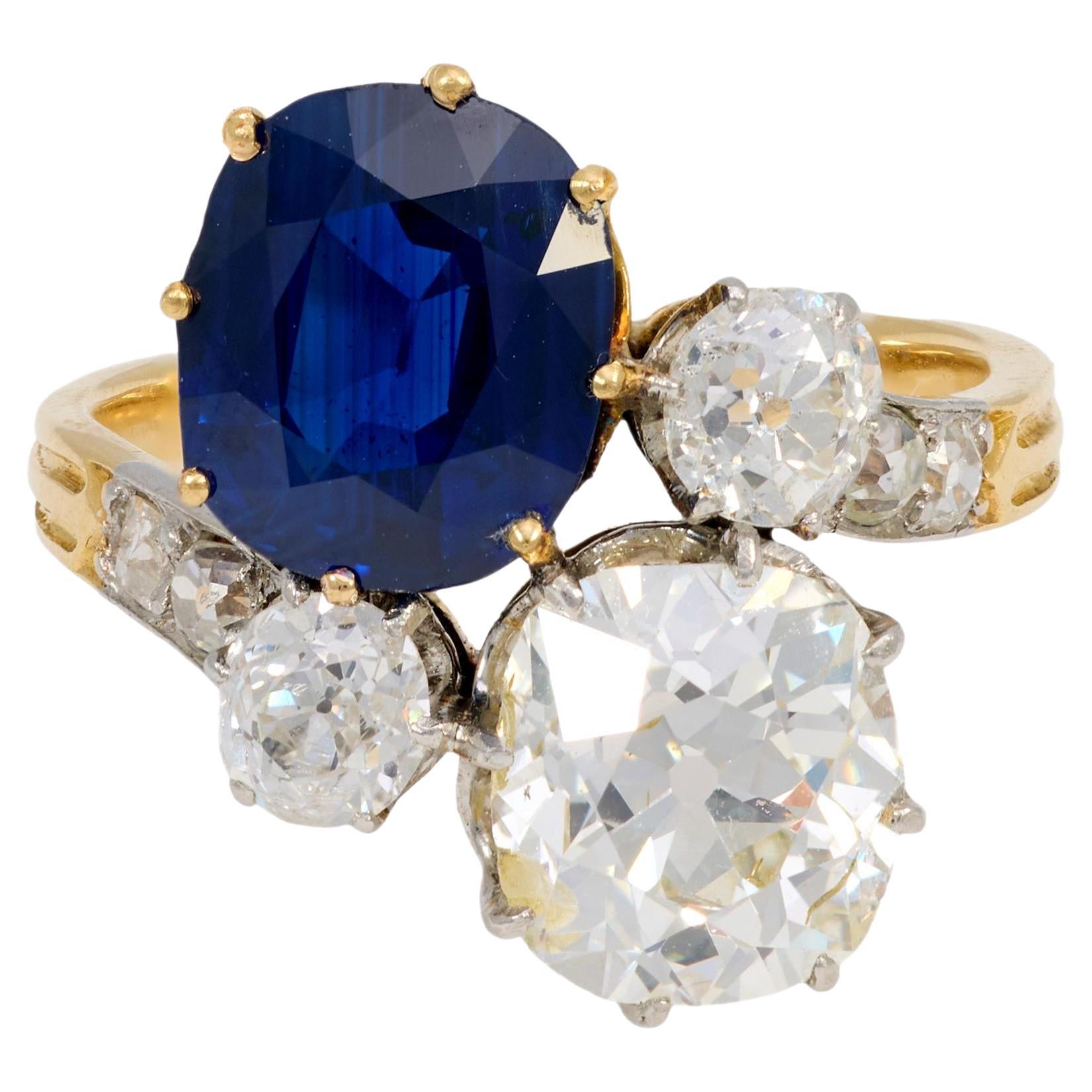 French AGL 3.42 carat no heat sapphire diamond 18k yellow gold toi et moi ring