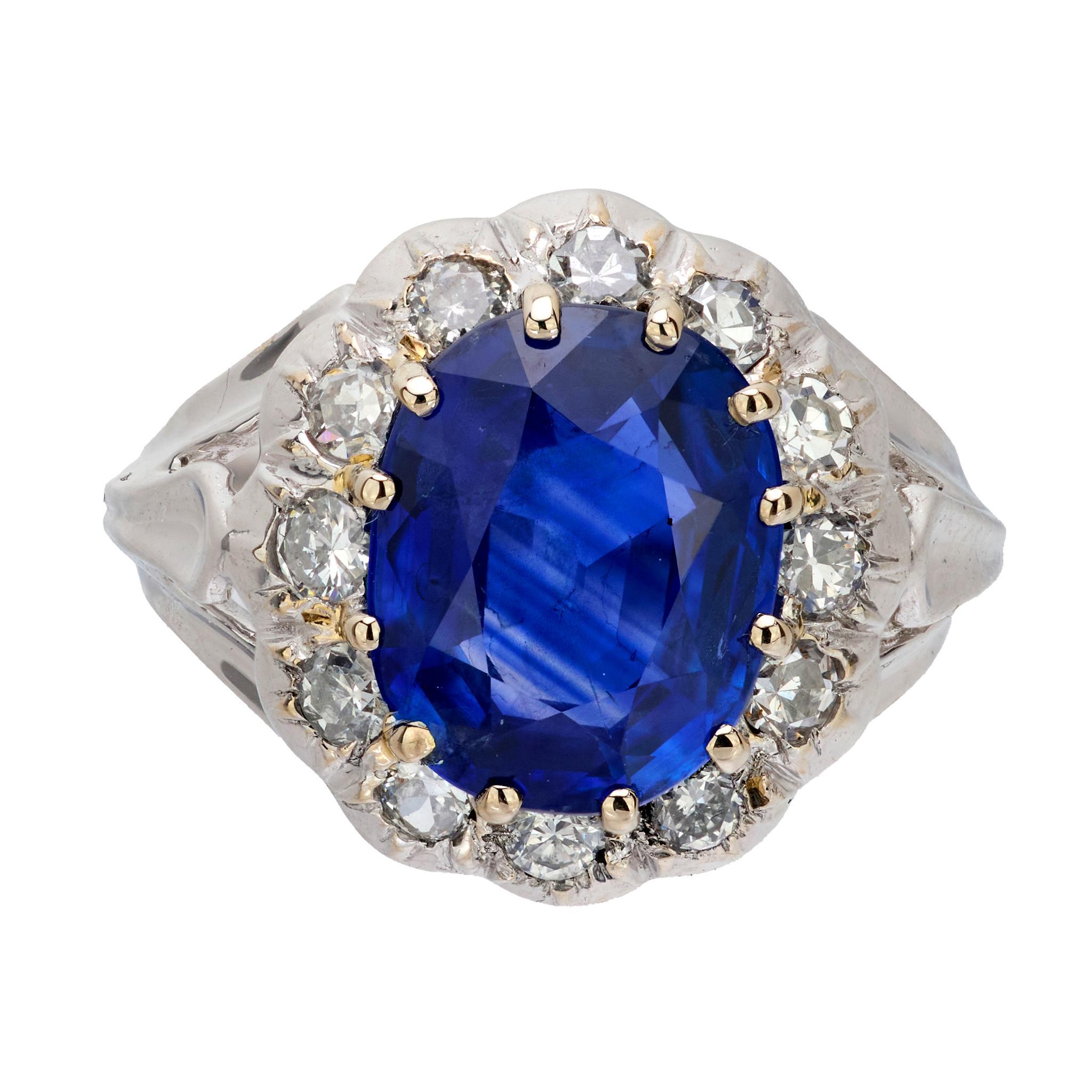 Französischer AGL Ceylon Ring aus 18 Karat Weißgold mit unbehandeltem Saphir und Diamant (Moderne)
