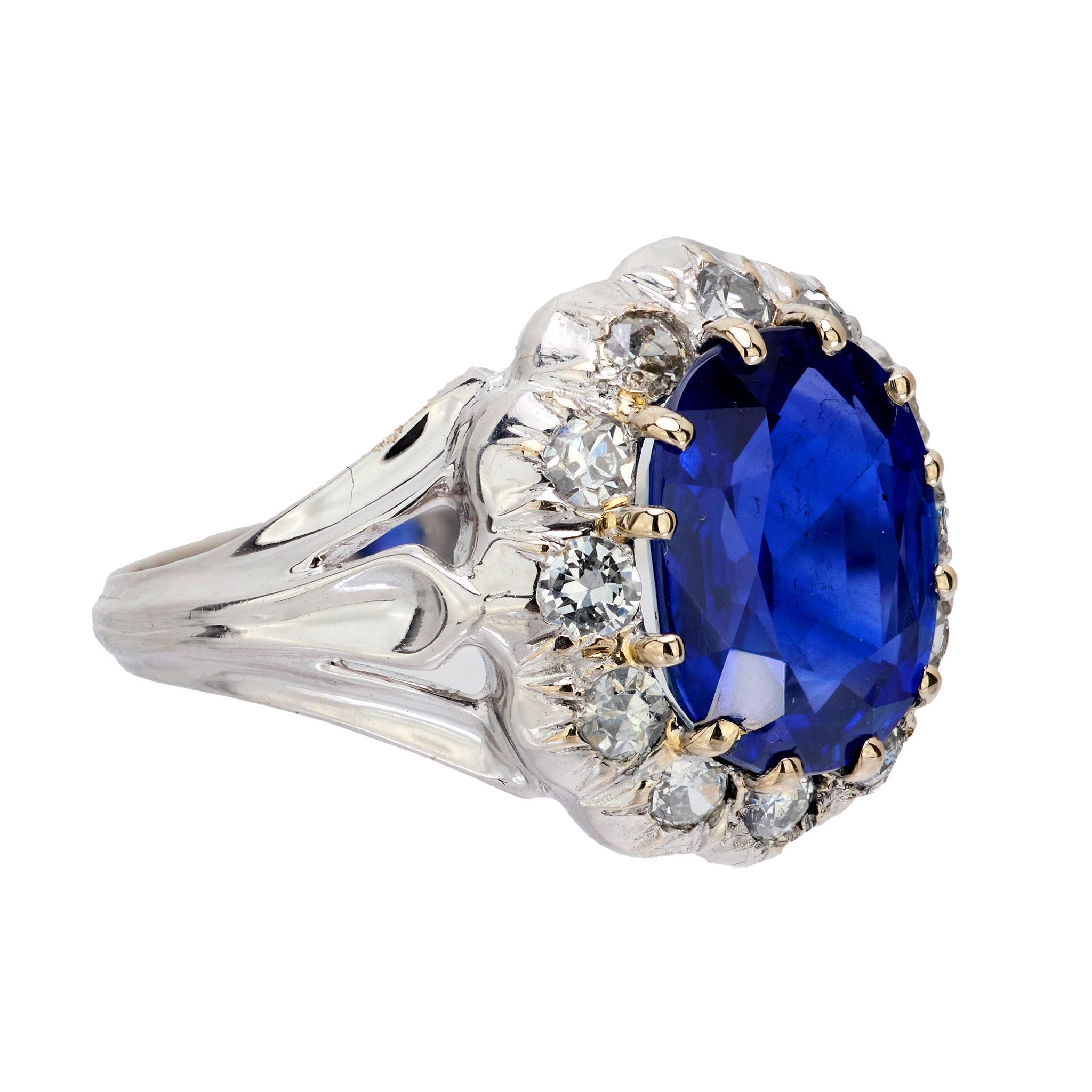 Französischer AGL Ceylon Ring aus 18 Karat Weißgold mit unbehandeltem Saphir und Diamant (Ovalschliff)