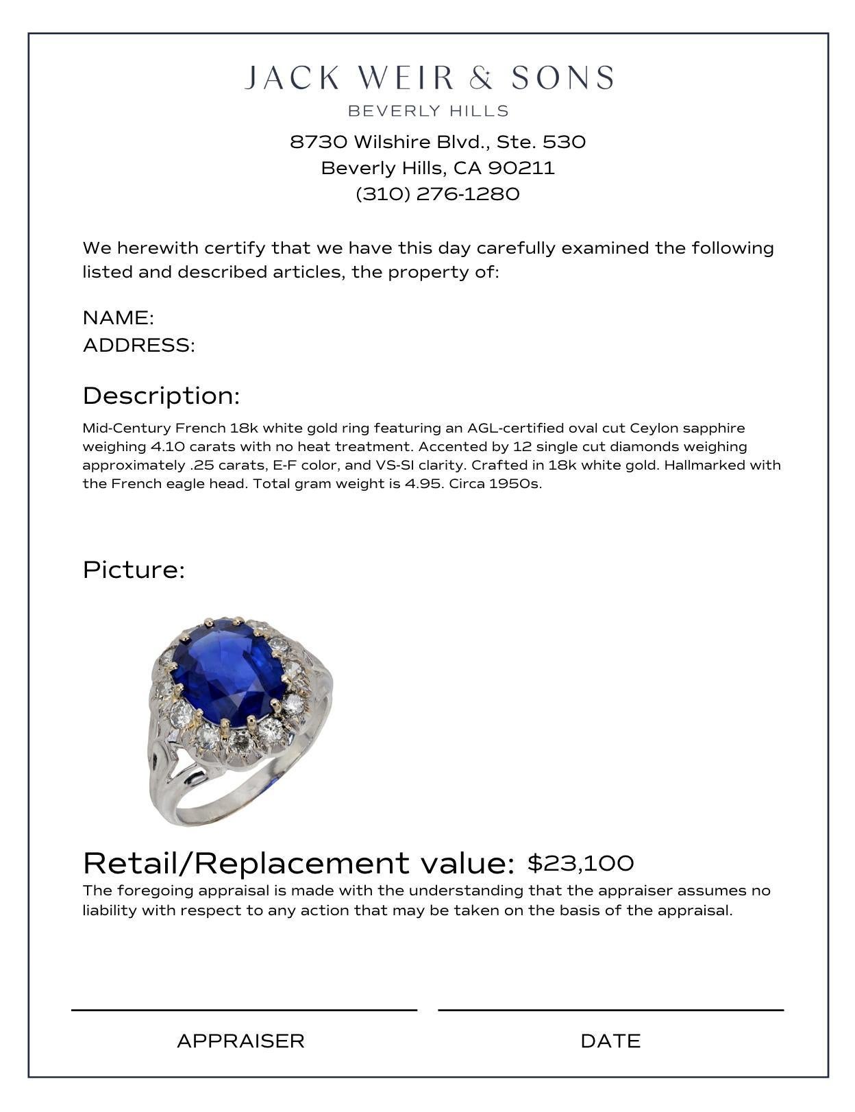 Französischer AGL Ceylon Ring aus 18 Karat Weißgold mit unbehandeltem Saphir und Diamant Damen