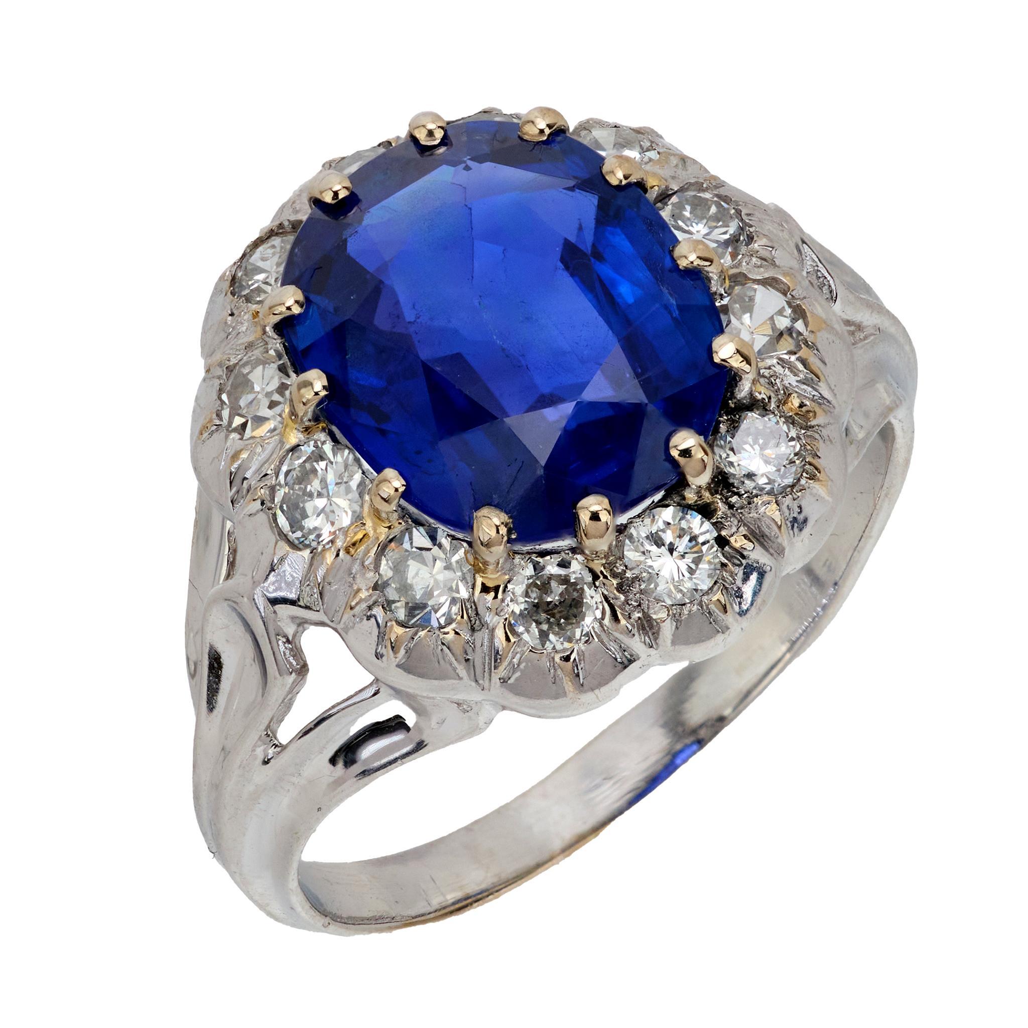 Französischer AGL Ceylon Ring aus 18 Karat Weißgold mit unbehandeltem Saphir und Diamant