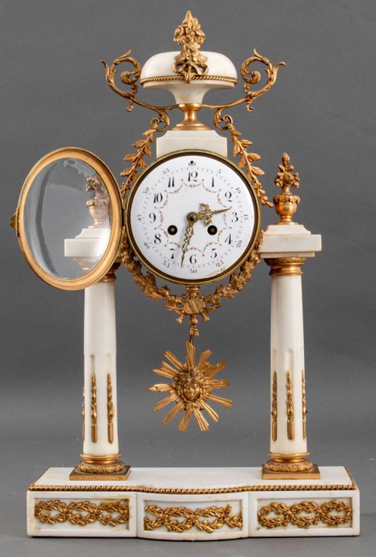 French Provincial French Alabaster and Brass Portico Mantel Clock