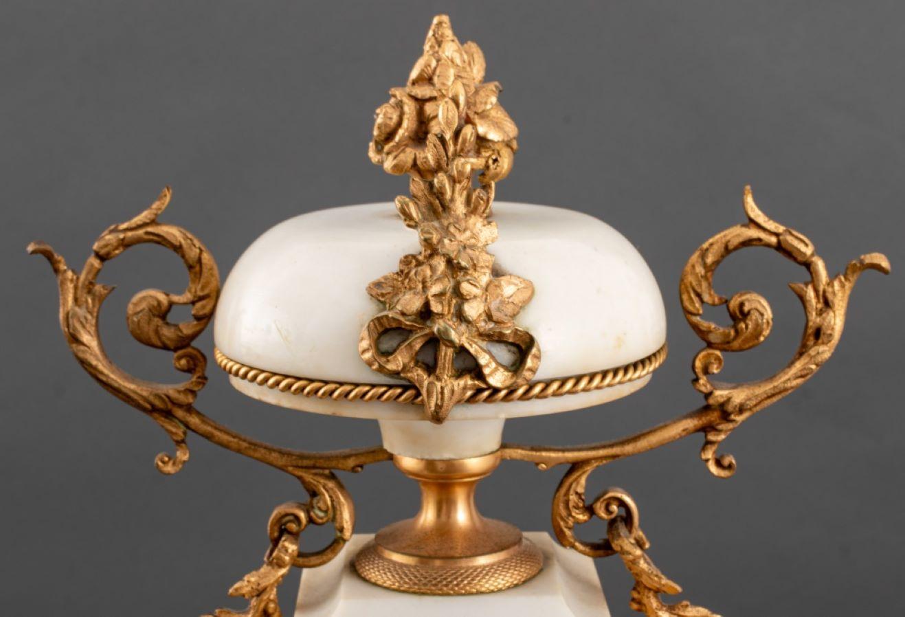 French Alabaster and Brass Portico Mantel Clock 1