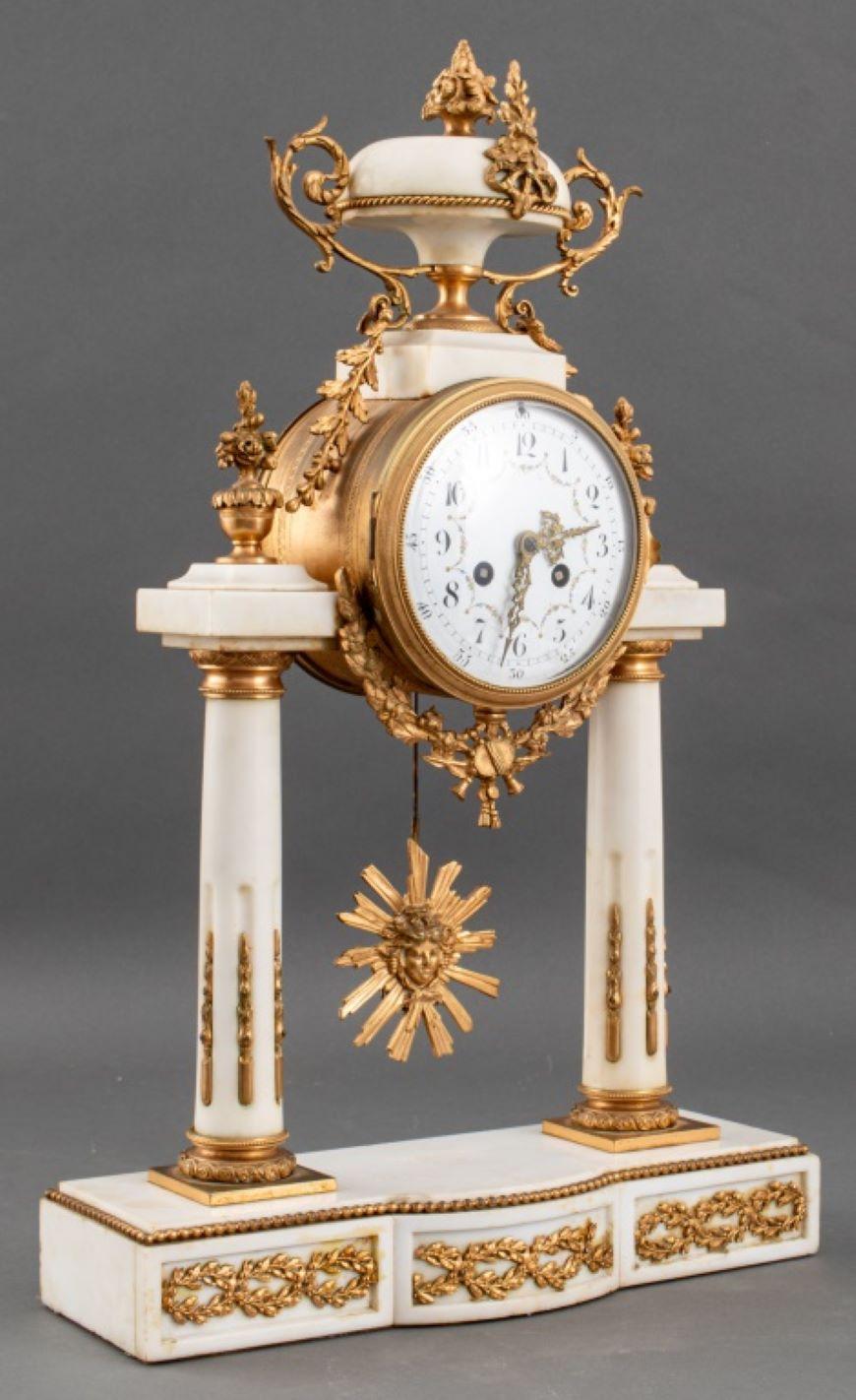 French Alabaster and Brass Portico Mantel Clock For Sale 2