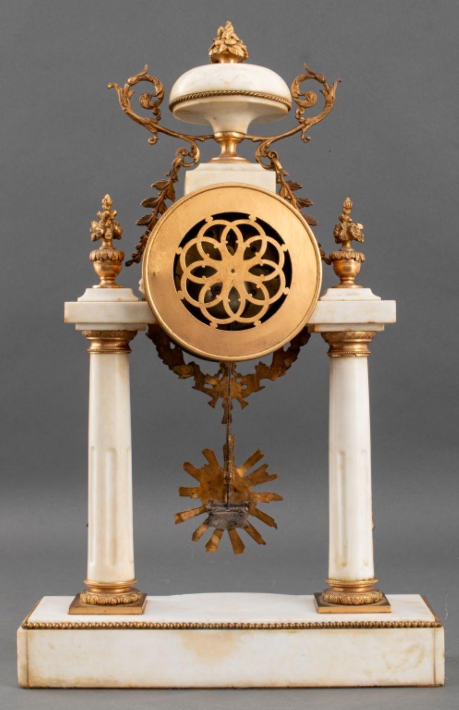 French Alabaster and Brass Portico Mantel Clock For Sale 4