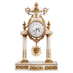 French Alabaster and Brass Portico Mantel Clock