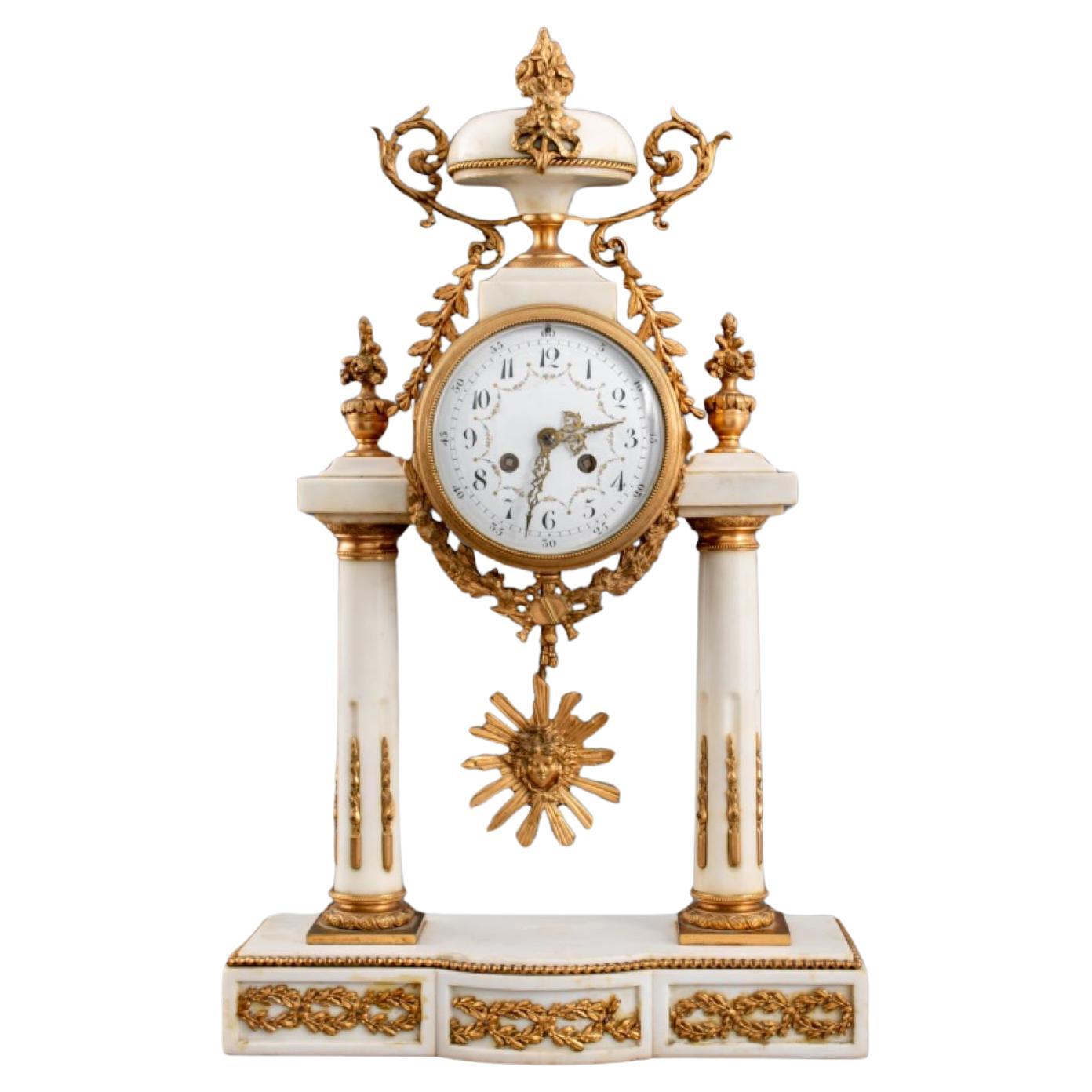 French Alabaster and Brass Portico Mantel Clock For Sale