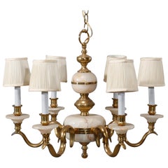 French Alabaster and Brass Six-Light Chandelier, 20th Century
