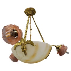 French Alabaster and Pink Glass Four-Light Pendant Chandelier, circa 1920s