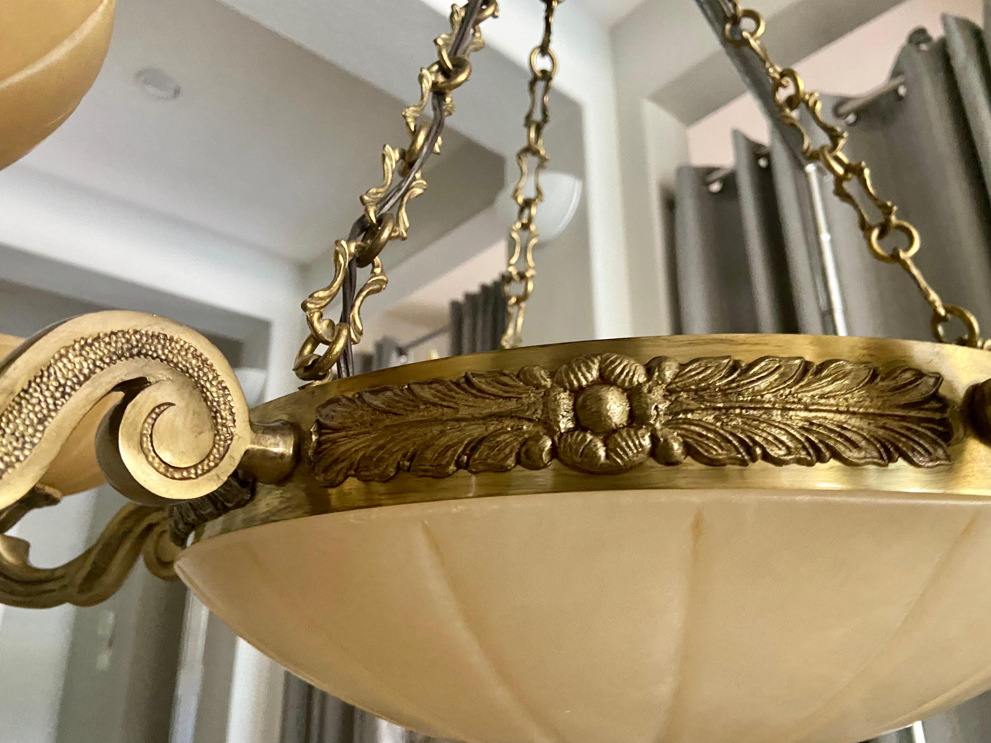 French Alabaster Brass 6 Arm Chandelier For Sale 2