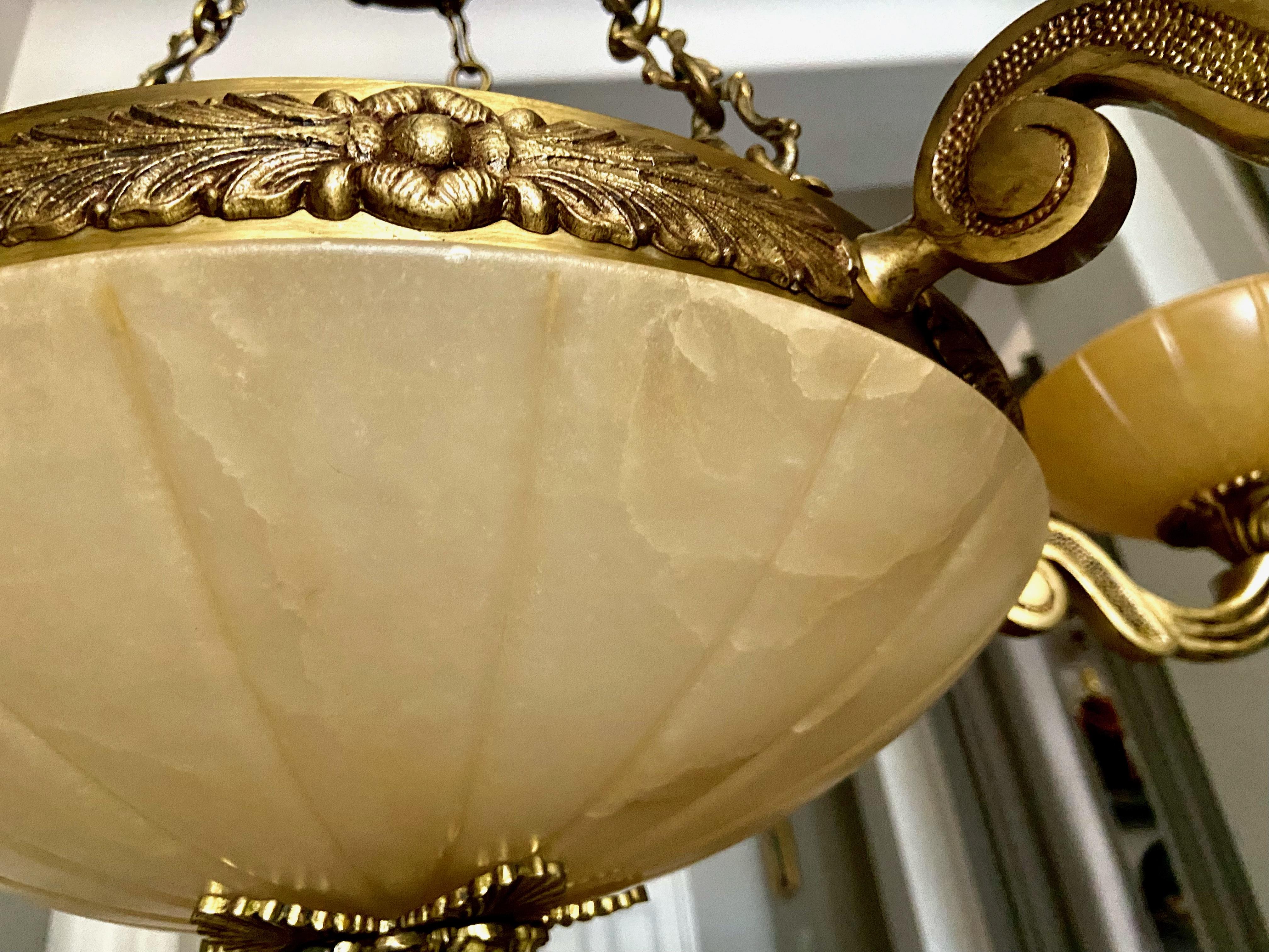 French Alabaster Brass 6 Arm Chandelier For Sale 3