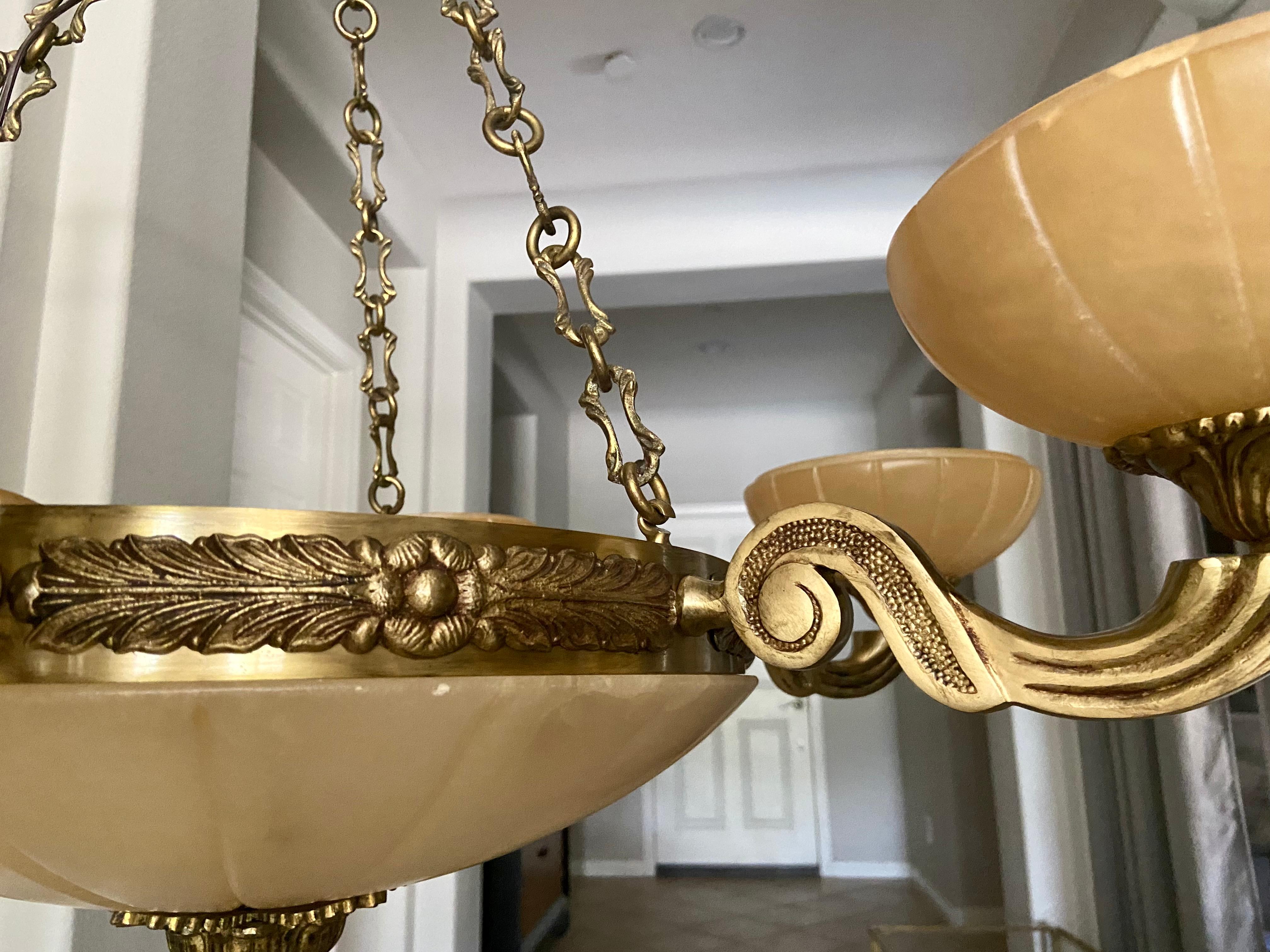 French Alabaster Brass 6 Arm Chandelier For Sale 6