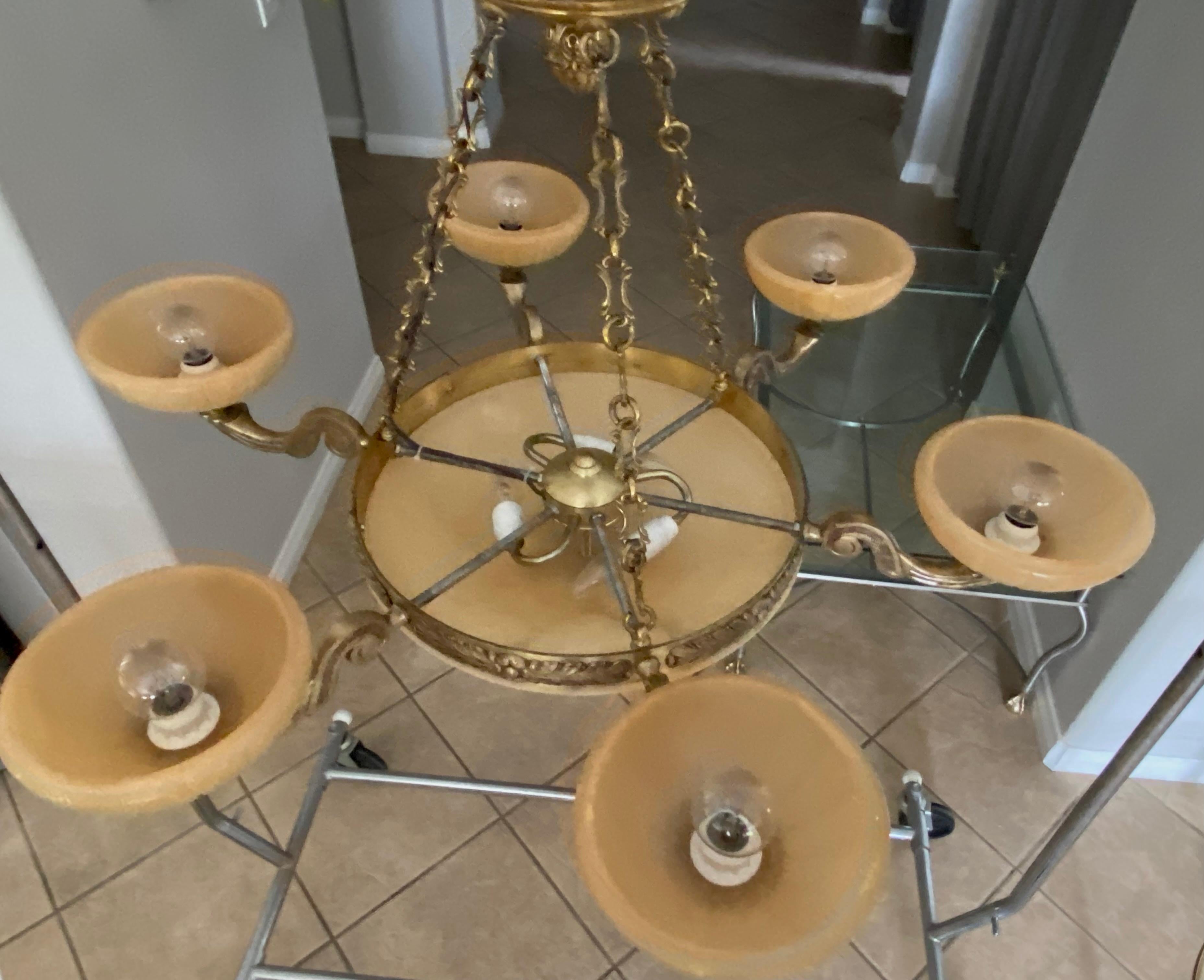 French Alabaster Brass 6 Arm Chandelier In Good Condition For Sale In Palm Springs, CA