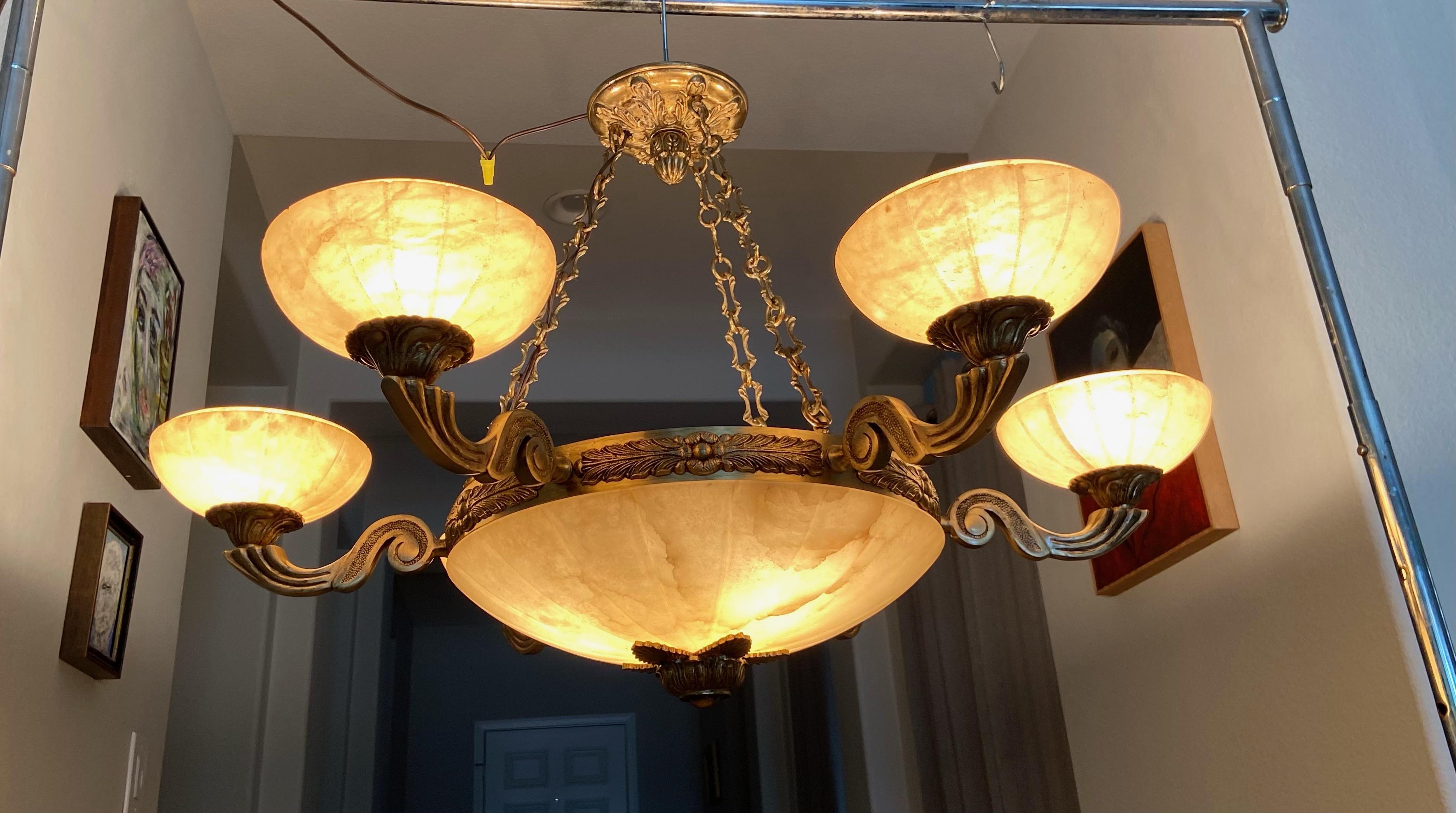 French Alabaster Brass 6 Arm Chandelier For Sale 8