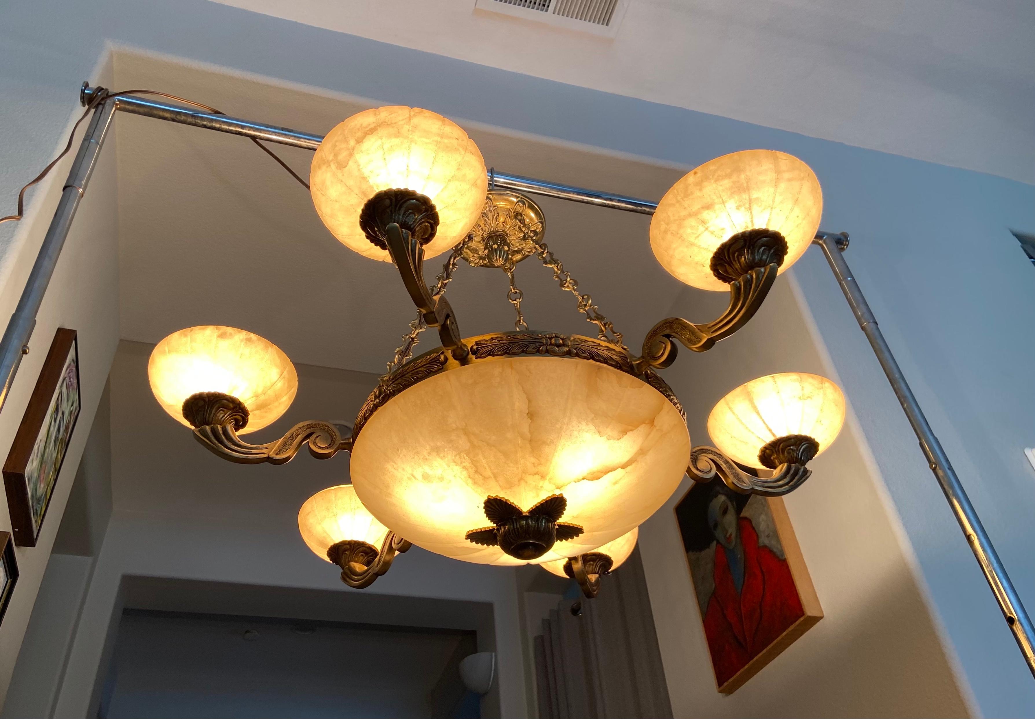 French Alabaster Brass 6 Arm Chandelier For Sale 7
