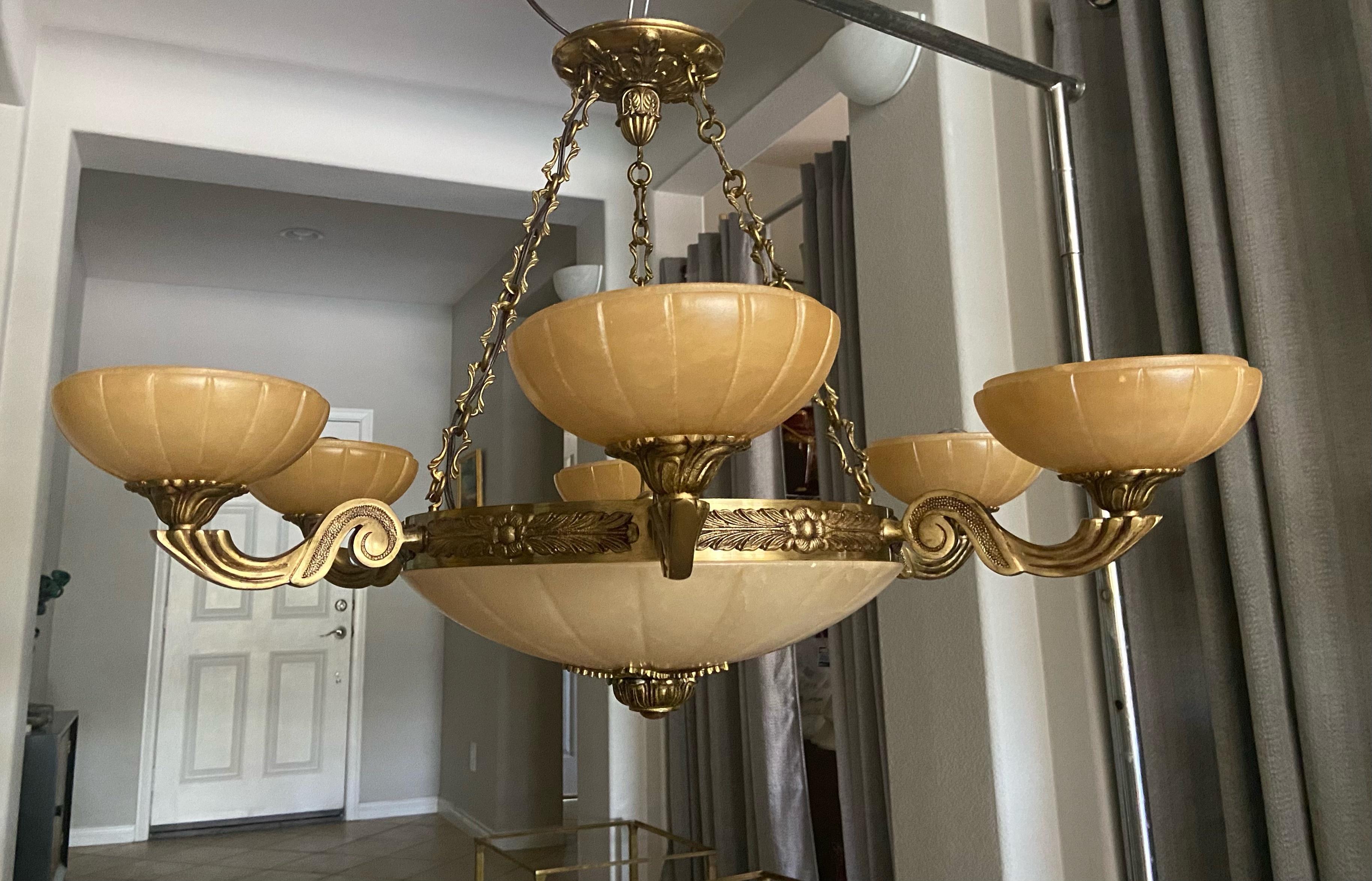 French Alabaster Brass 6 Arm Chandelier For Sale 10