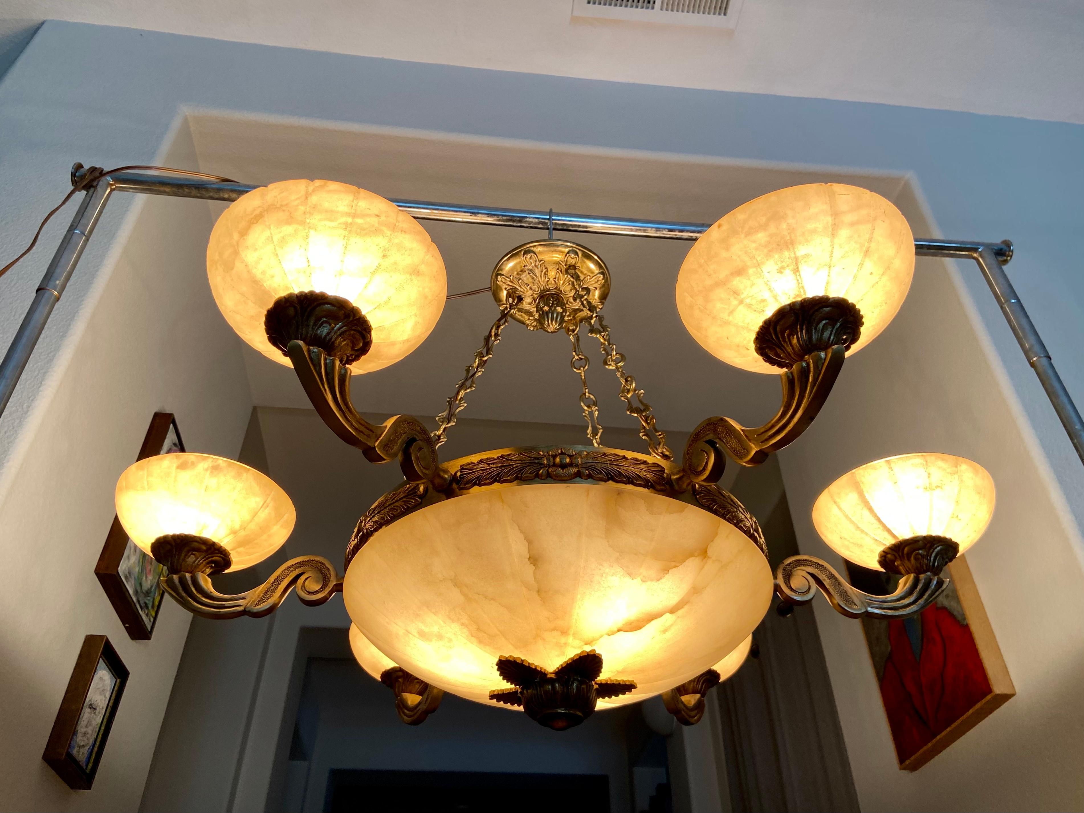 French Alabaster Brass 6 Arm Chandelier For Sale 12