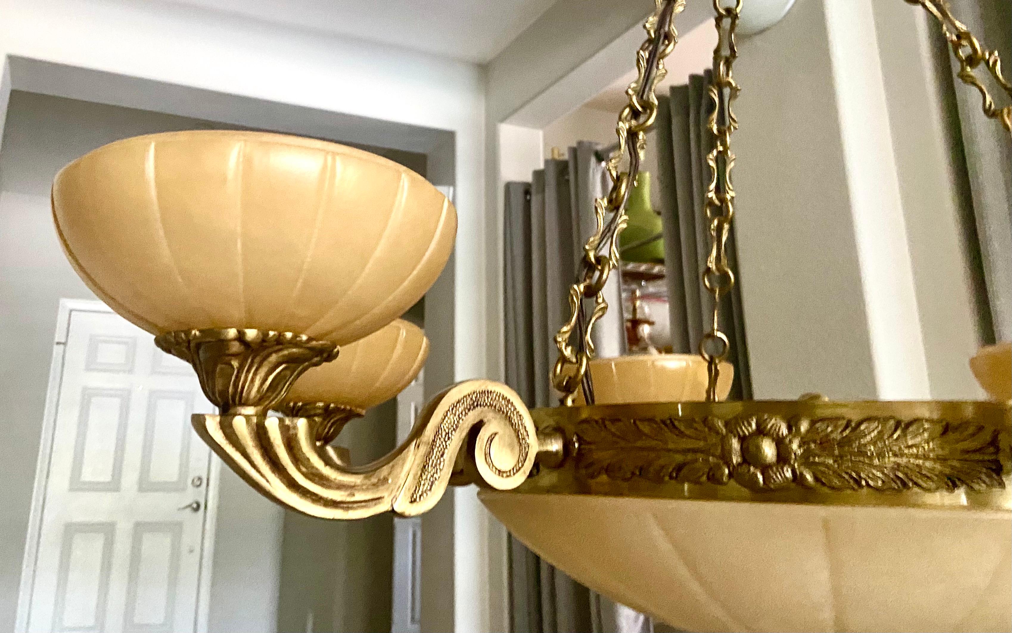 French Alabaster Brass 6 Arm Chandelier For Sale 5