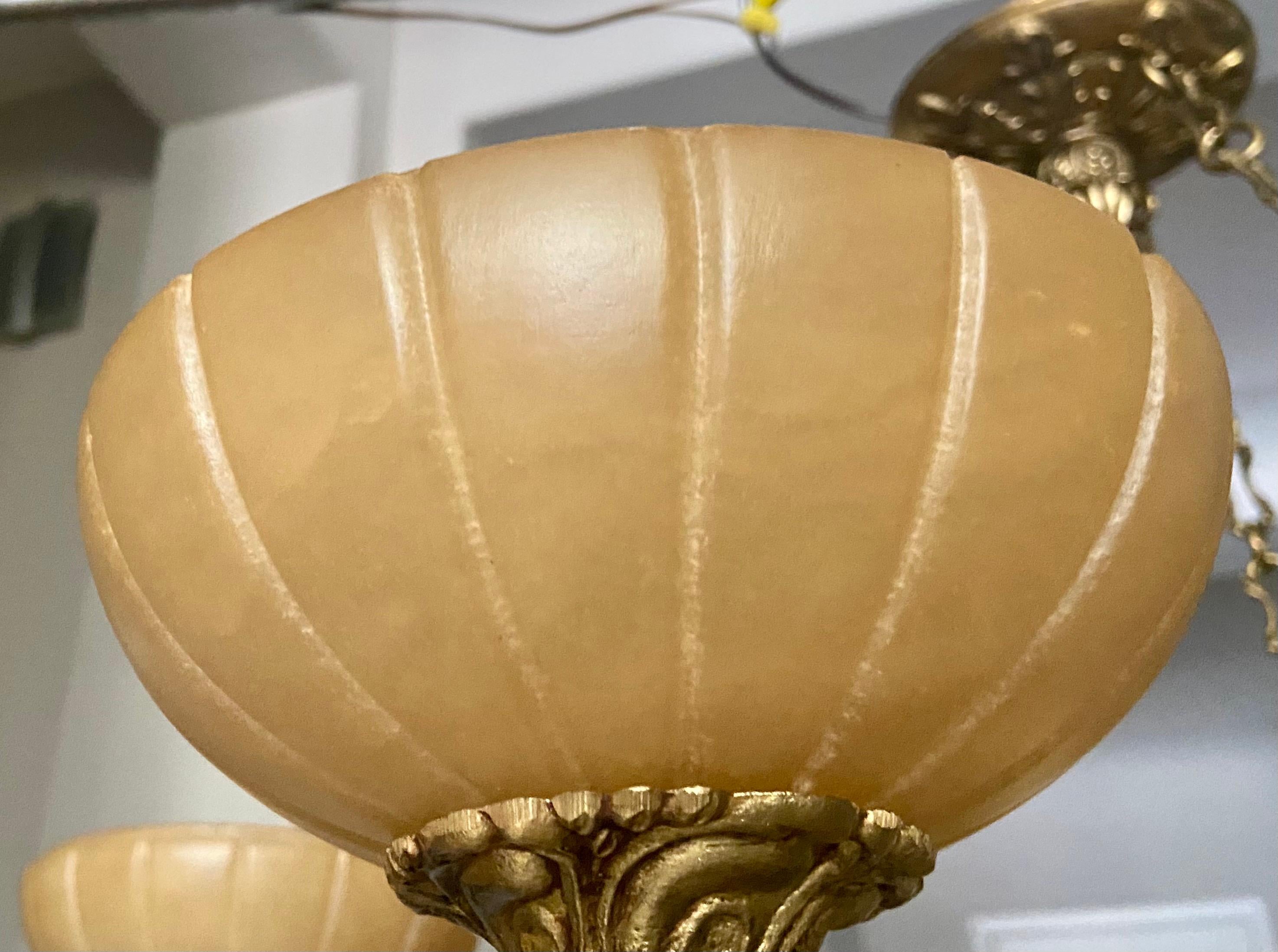 Mid-20th Century French Alabaster Brass 6 Arm Chandelier For Sale