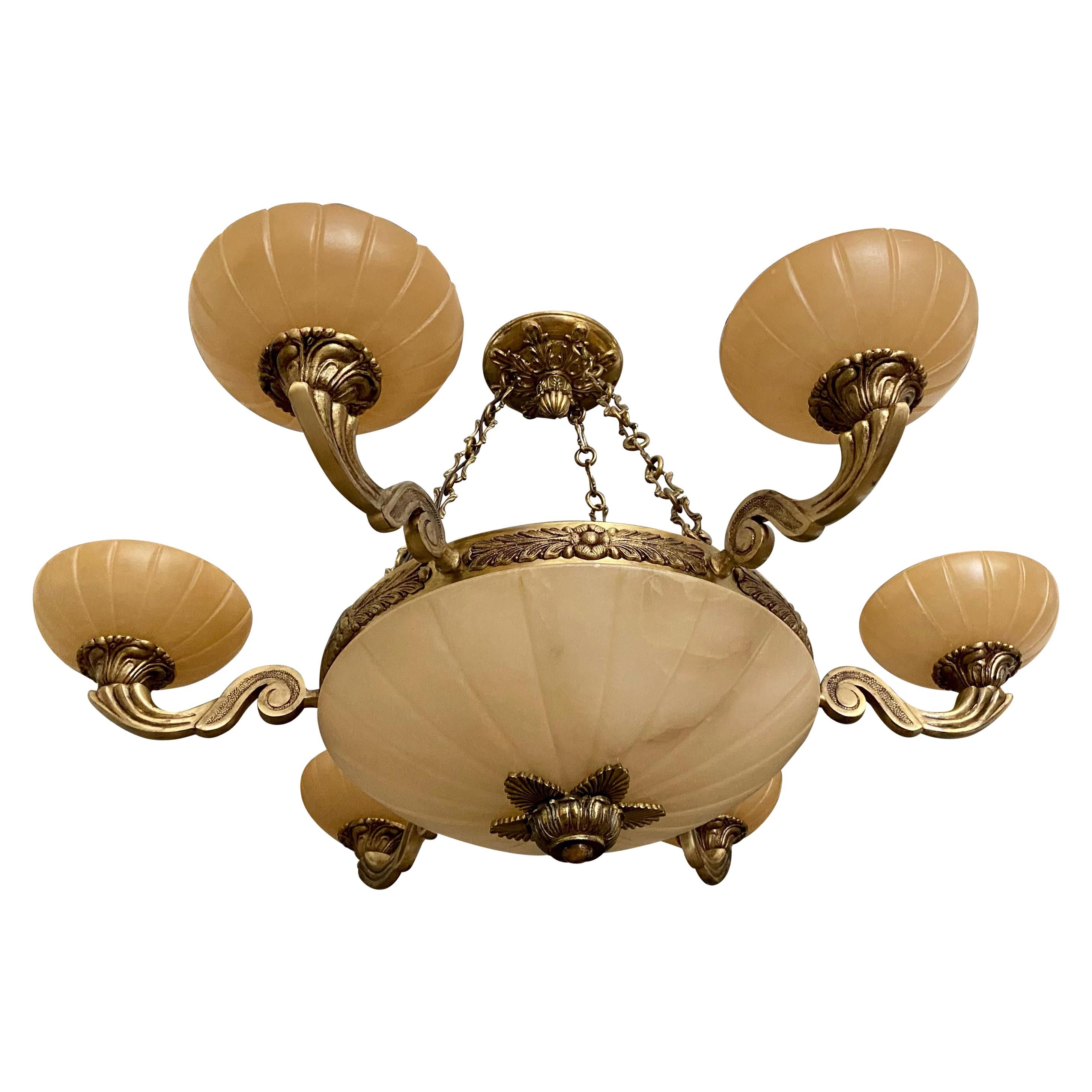 French Alabaster Brass 6 Arm Chandelier For Sale