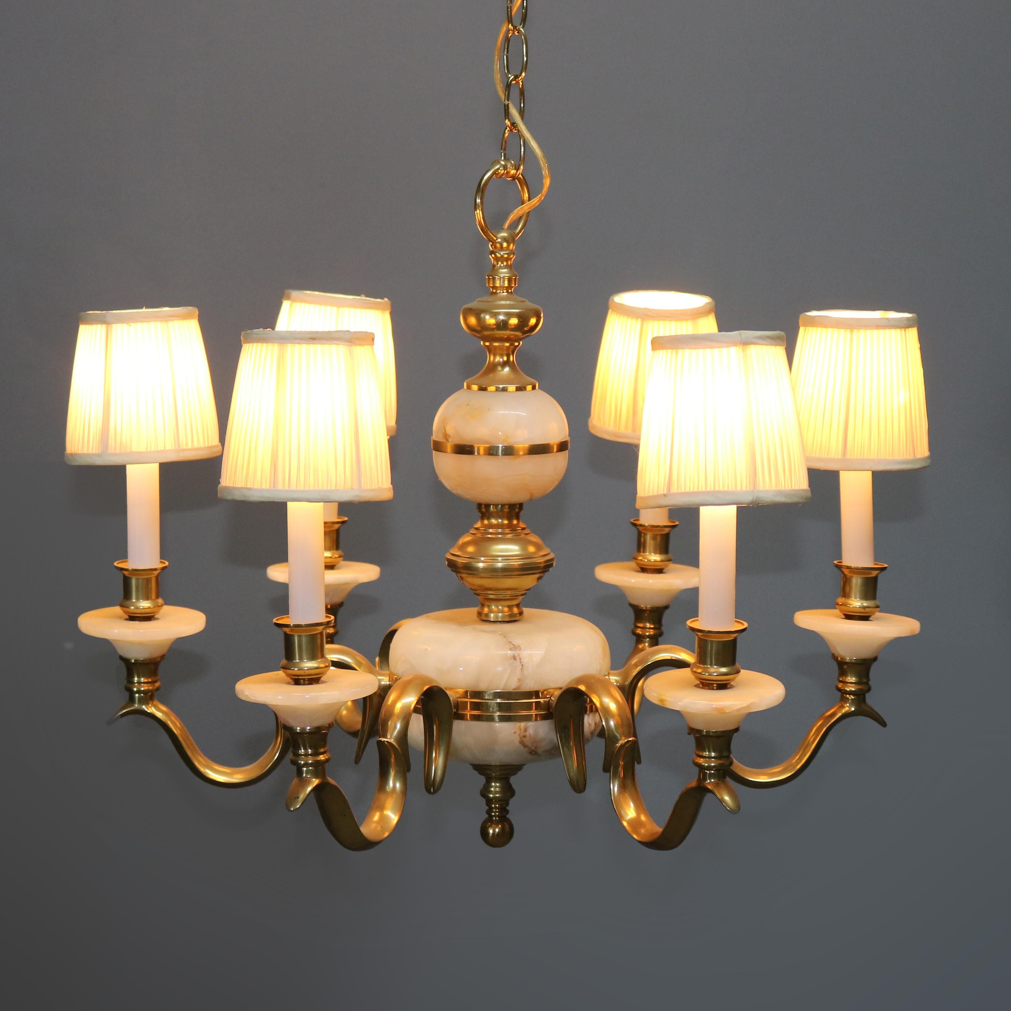 American French Alabaster and Brass Six-Light Chandelier, 20th Century