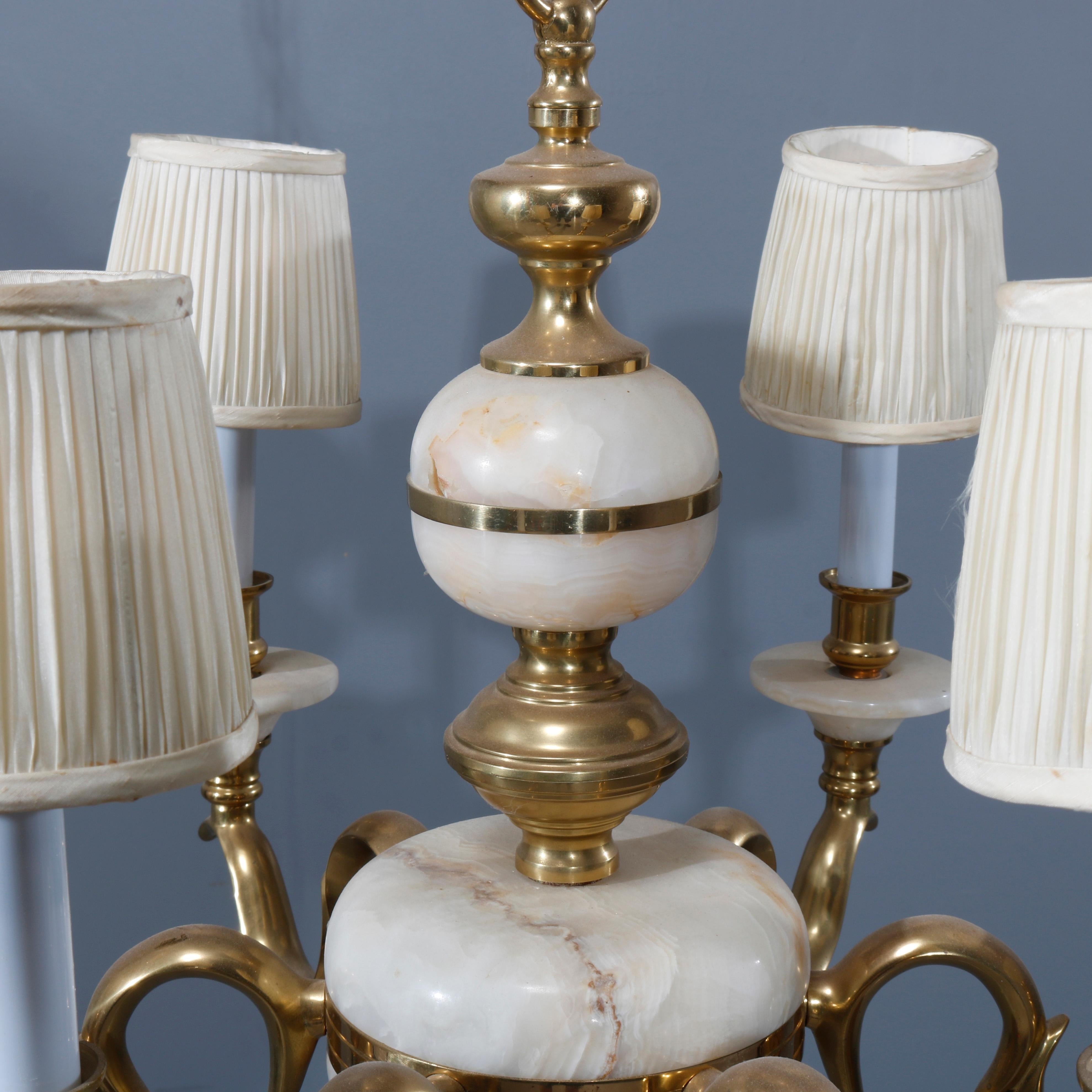 Cast French Alabaster and Brass Six-Light Chandelier, 20th Century