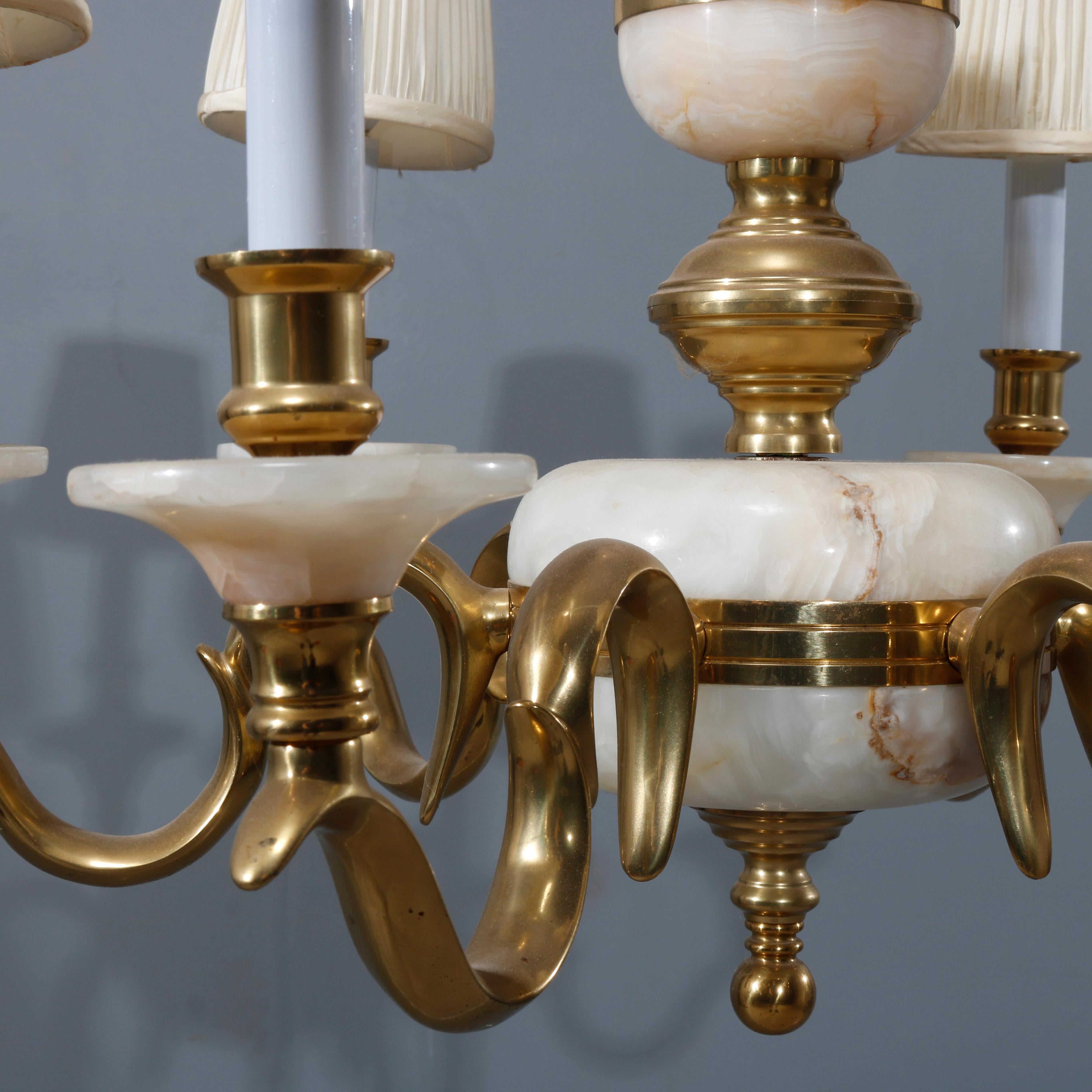 French Alabaster and Brass Six-Light Chandelier, 20th Century In Good Condition In Big Flats, NY