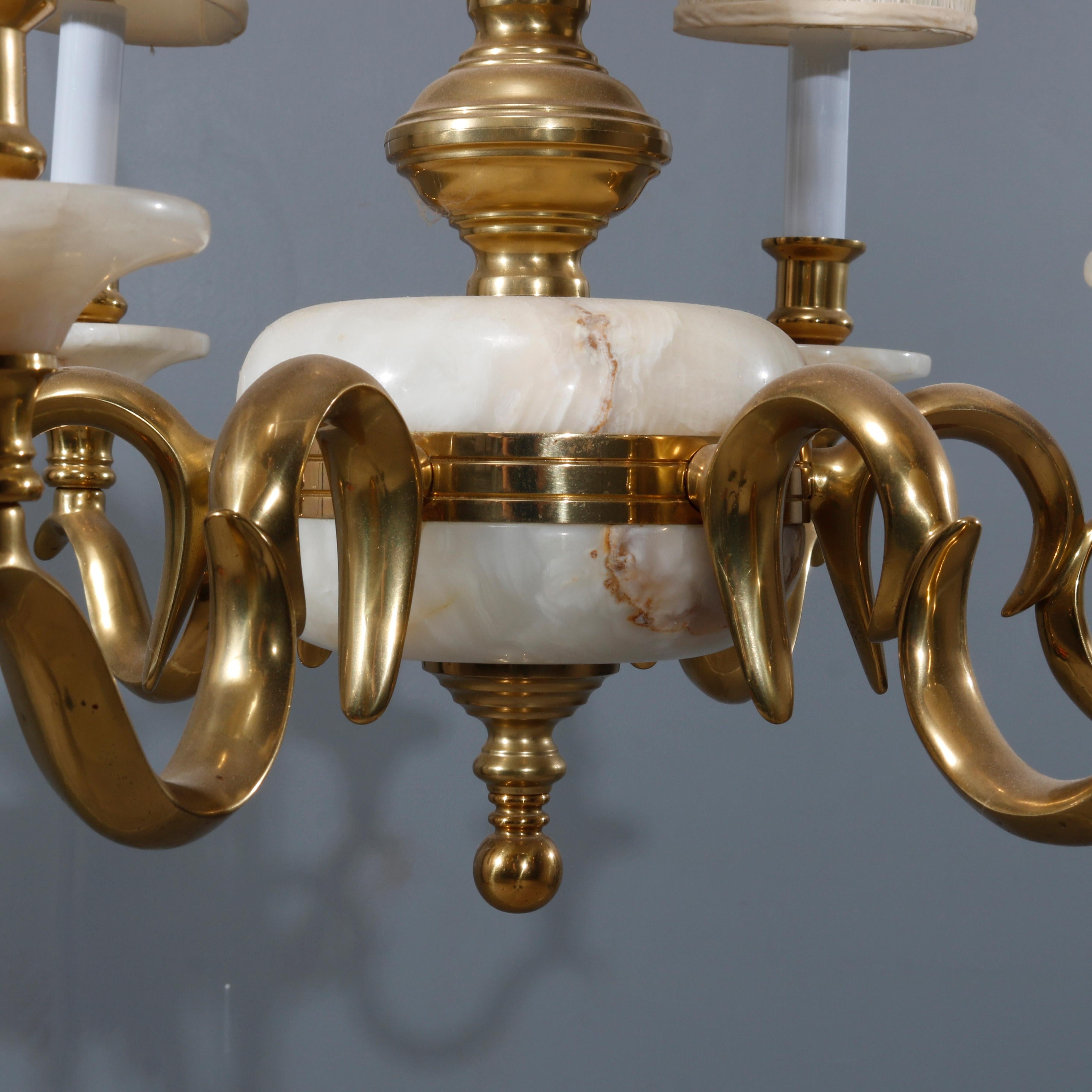 Metal French Alabaster and Brass Six-Light Chandelier, 20th Century