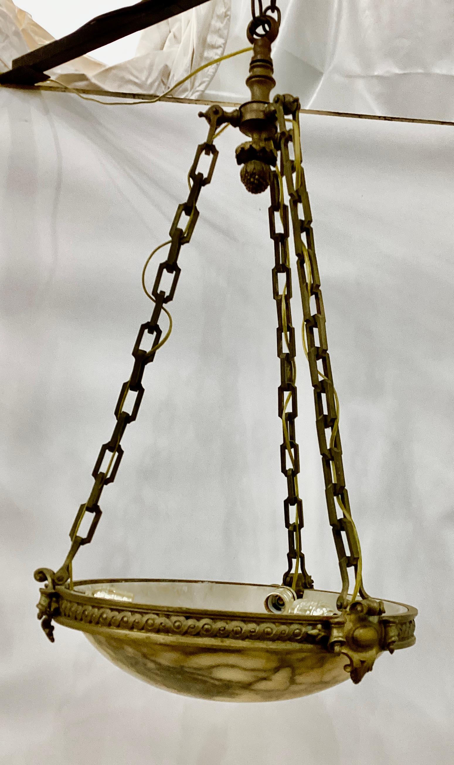 French Alabaster Dome Chandelier Pendant with Bronze Fittings  In Good Condition For Sale In Chapel Hill, NC