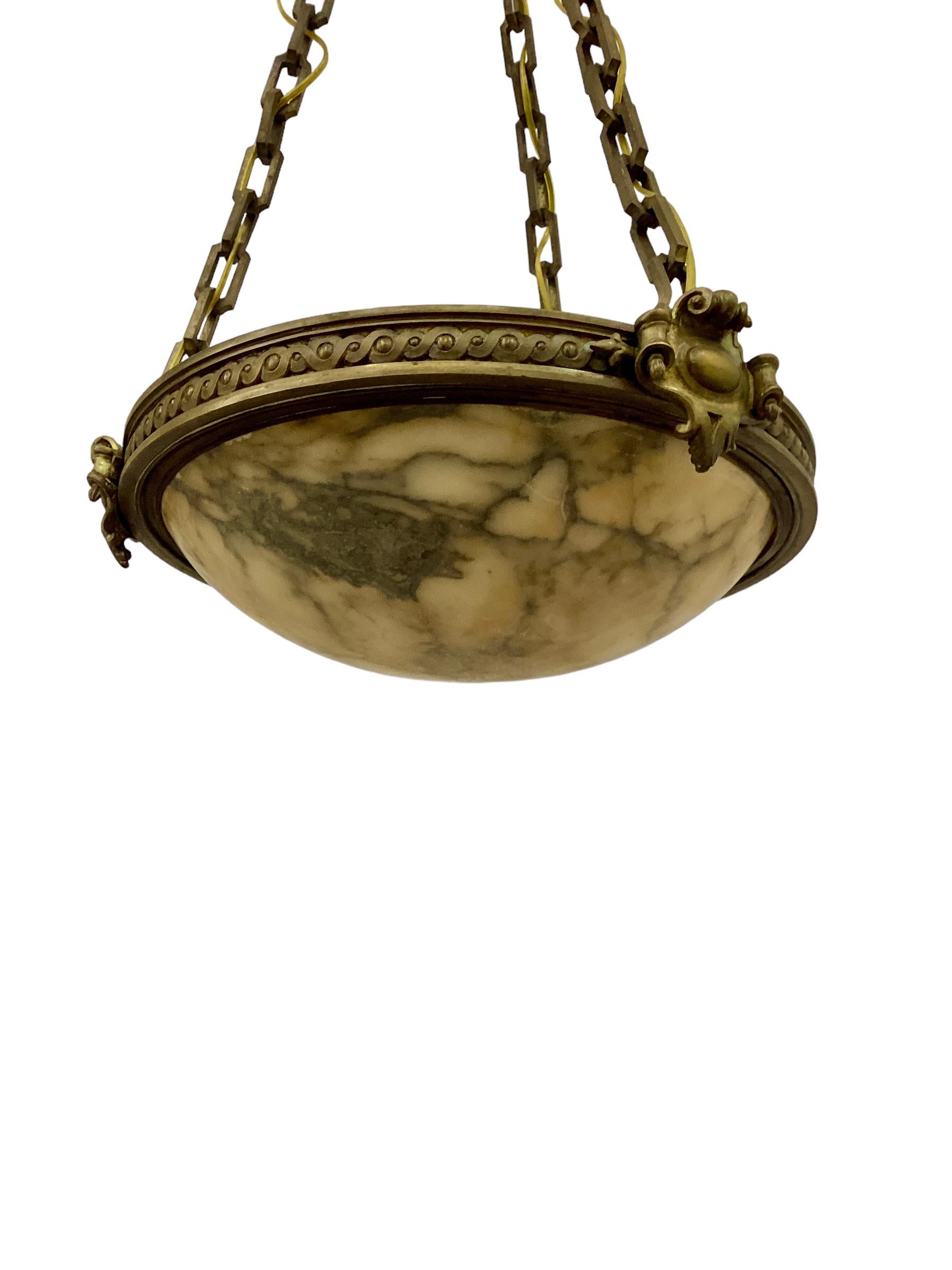 Early 20th Century French Alabaster Dome Chandelier Pendant with Bronze Fittings  For Sale