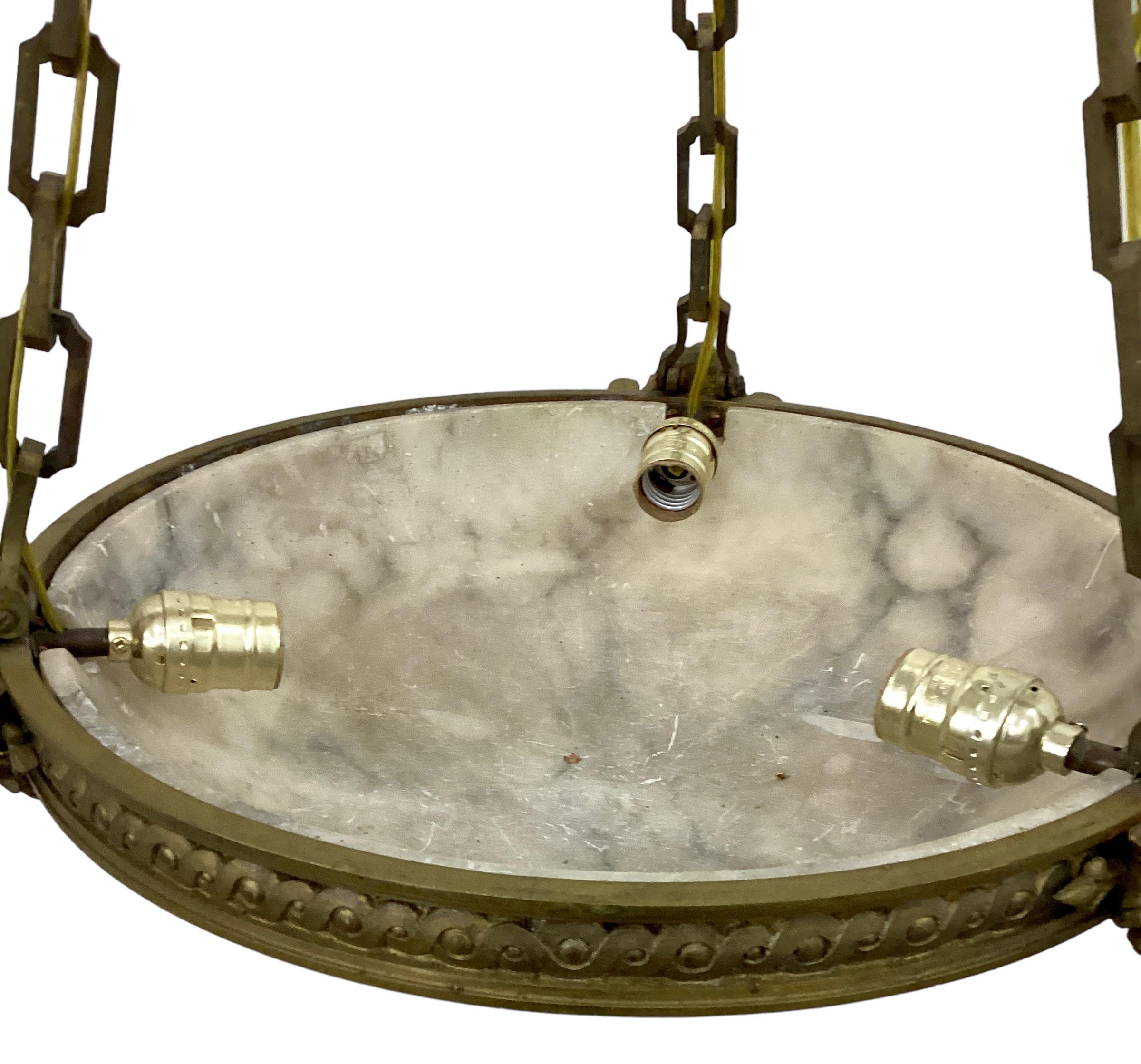 French Alabaster Dome Chandelier Pendant with Bronze Fittings  For Sale 1