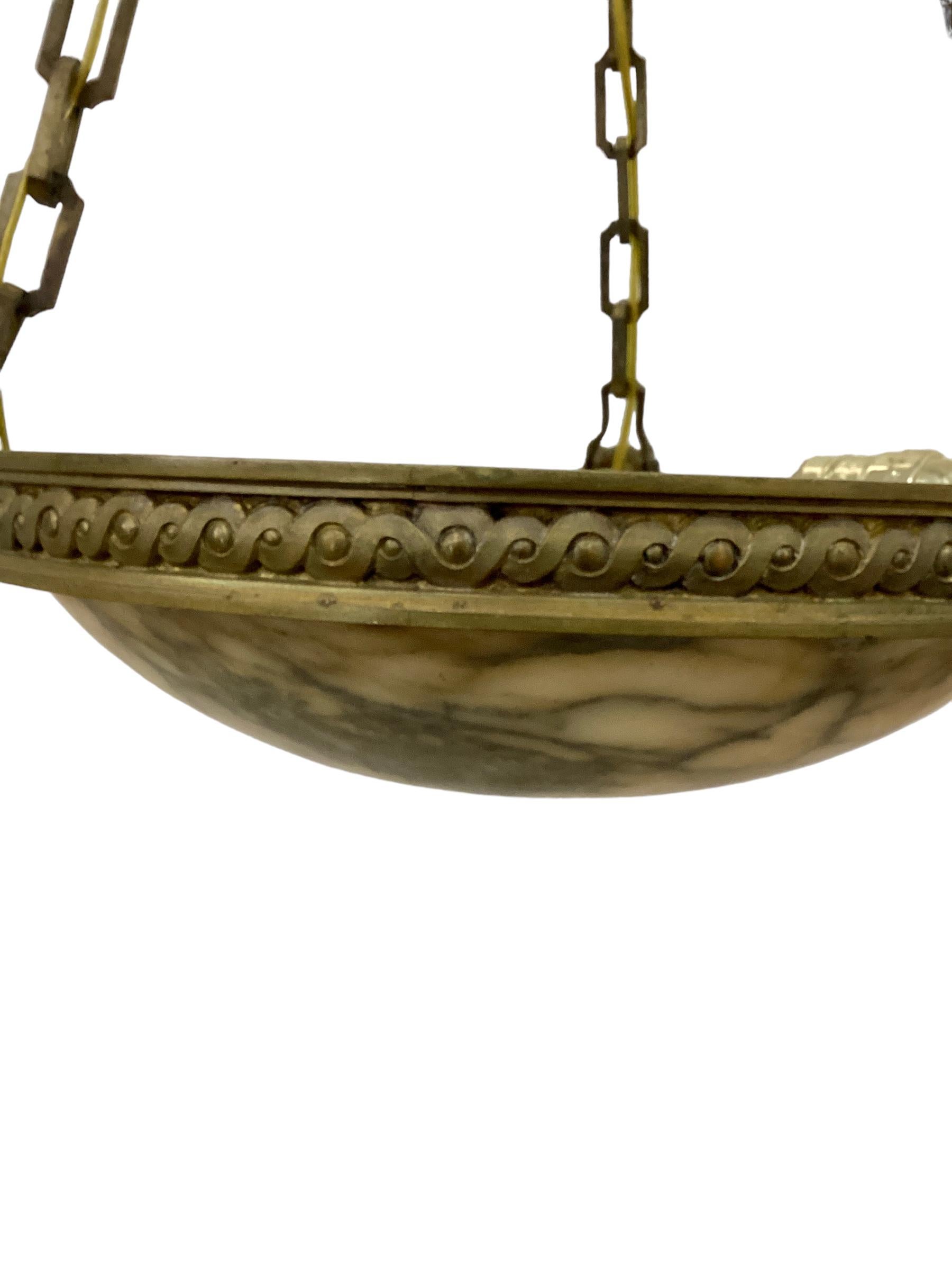 French Alabaster Dome Chandelier Pendant with Bronze Fittings  For Sale 2