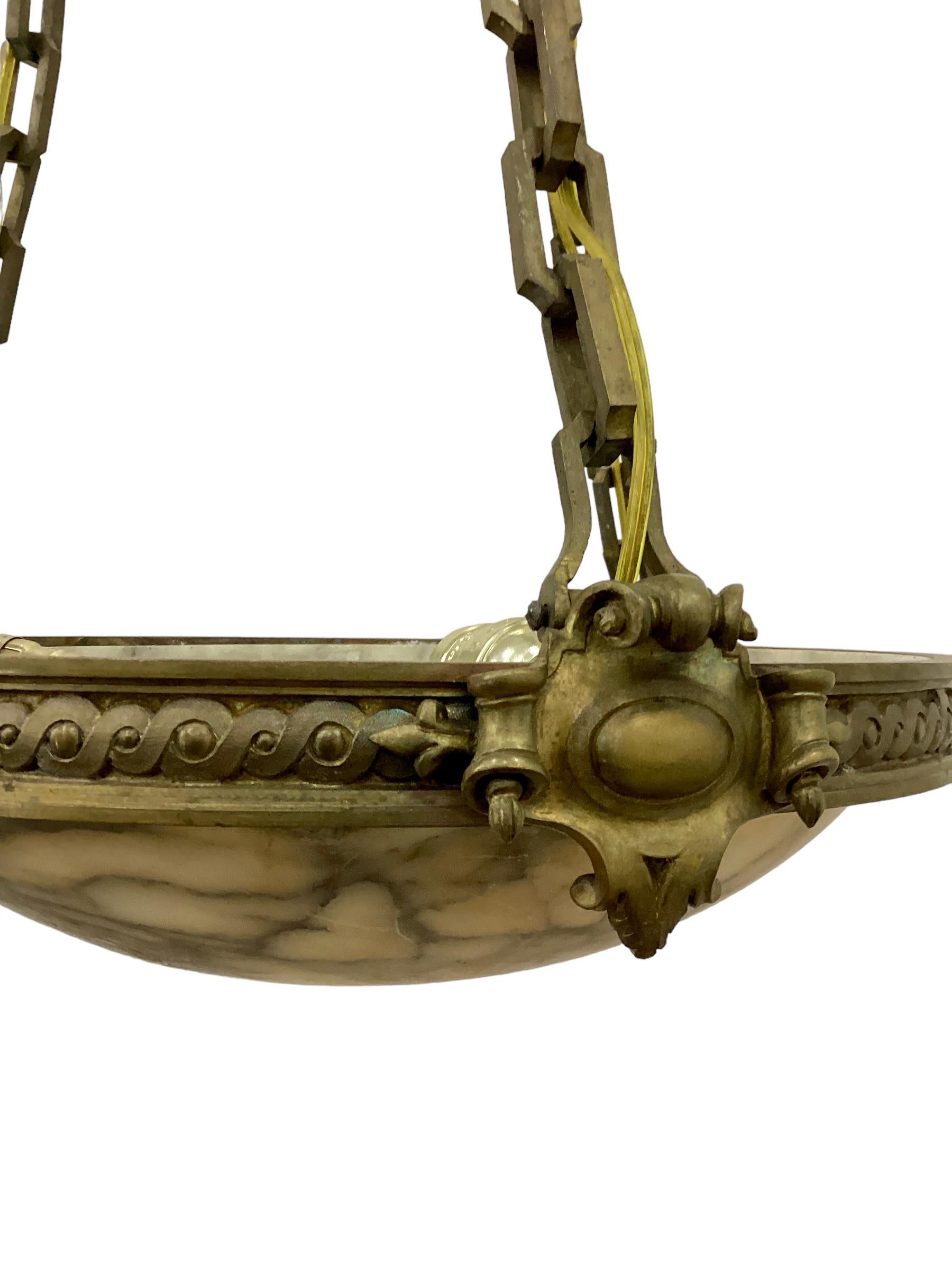 French Alabaster Dome Chandelier Pendant with Bronze Fittings  For Sale 4