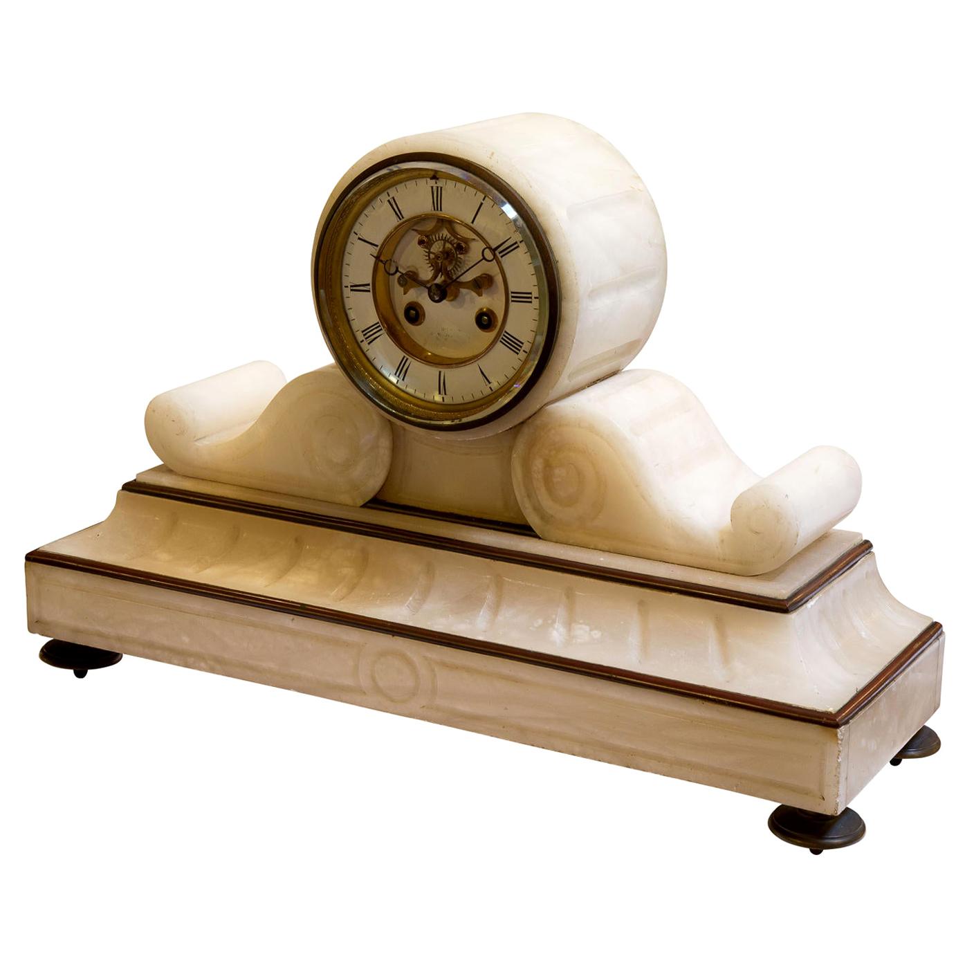 French Alabaster "Drum Head" Clock, circa 1870 For Sale