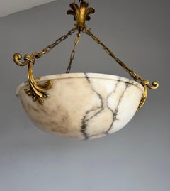 French Alabaster & Gilt Bronze 3-Light Pendant Chandelier with Leaves & Canopy