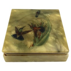French Alabaster Lidded Trinket or Jewelry Box adorned with Birds and Plants