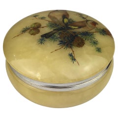 French Alabaster Lidded Trinket or Jewelry Box Adorned with Birds & Foliage