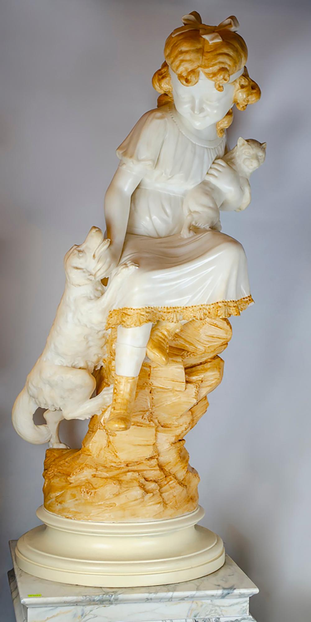 Girl sculpture with her two pets, a dog and a kitten in French Alabaster with color details
Measures:
Height: 100 centimeters
Diameter: 22 centimeters