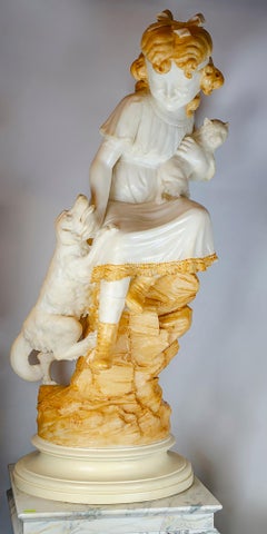 French Alabaster Marble Girl Sculpture with Pets