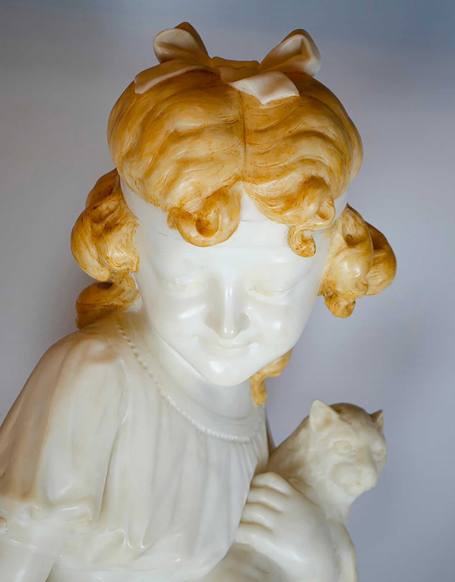 Hand-Carved French Alabaster Marble Girl Sculpture with Pets For Sale