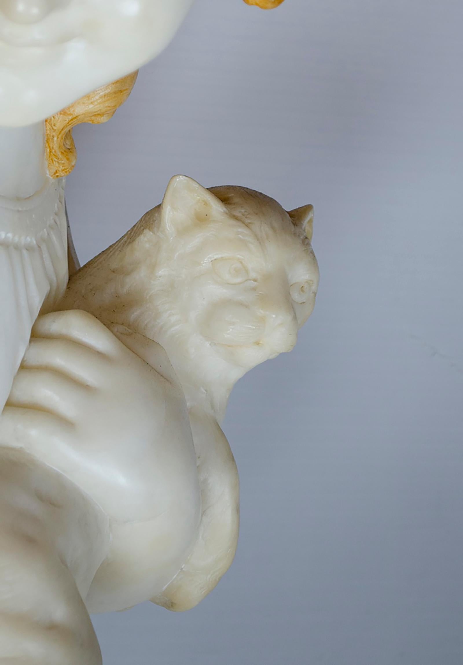 French Alabaster Marble Girl Sculpture with Pets In Good Condition For Sale In Autonomous City Buenos Aires, CABA