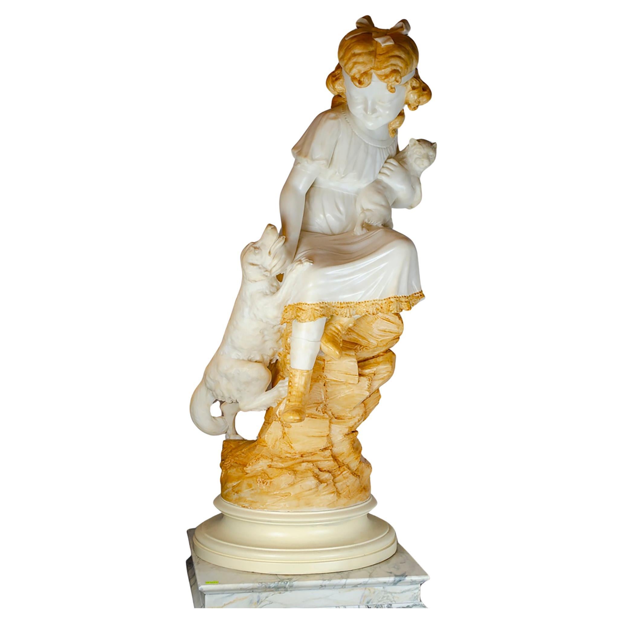 Französische Alabaster-Marmor-Mädchen-Skulptur mit Haustieren im Angebot