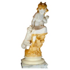 French Alabaster Marble Girl Sculpture with Pets